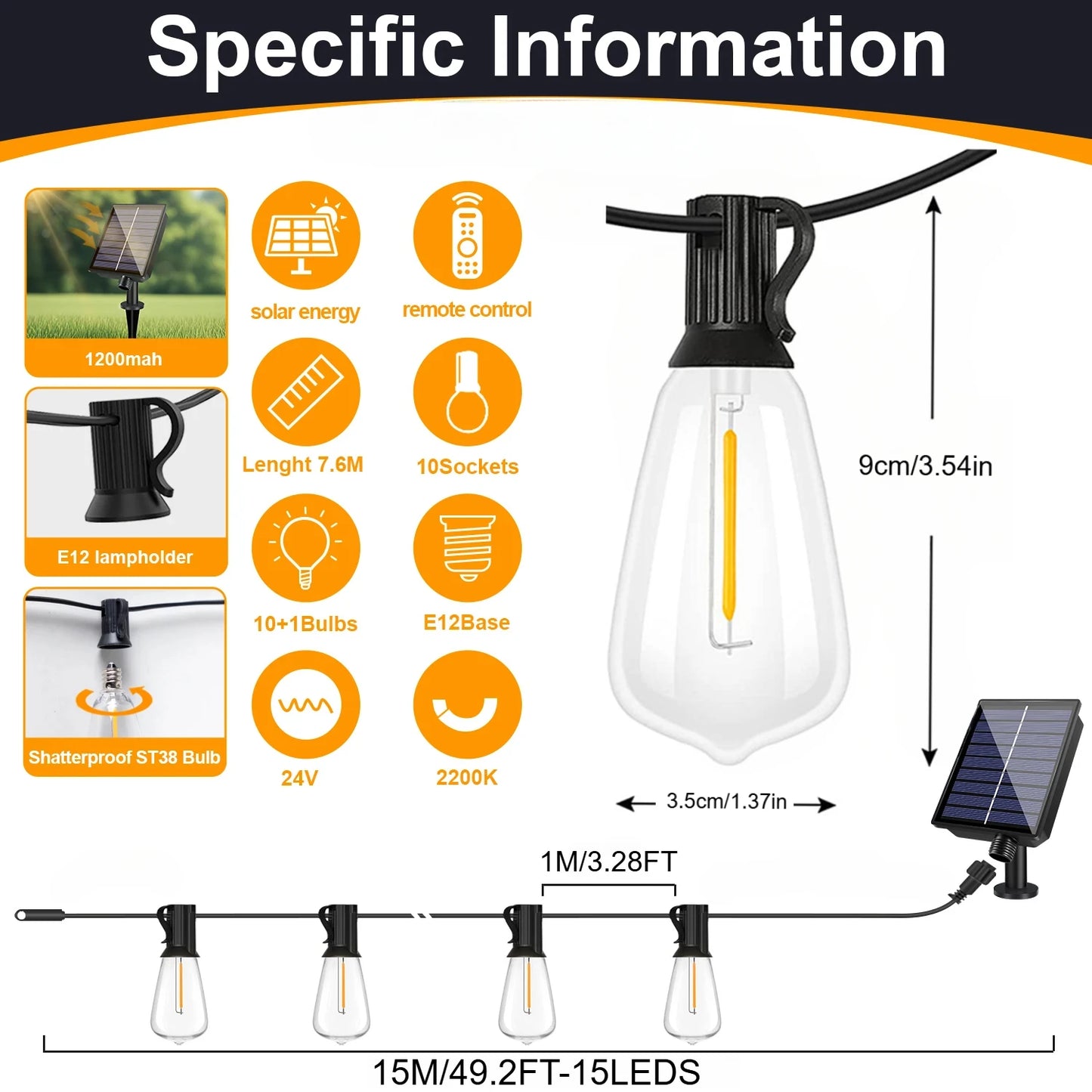 Solar LED String Lights ST38 Patio Light USB Recharger 8 Light Modes Remote Control Garden Weatherproof Hanging Light