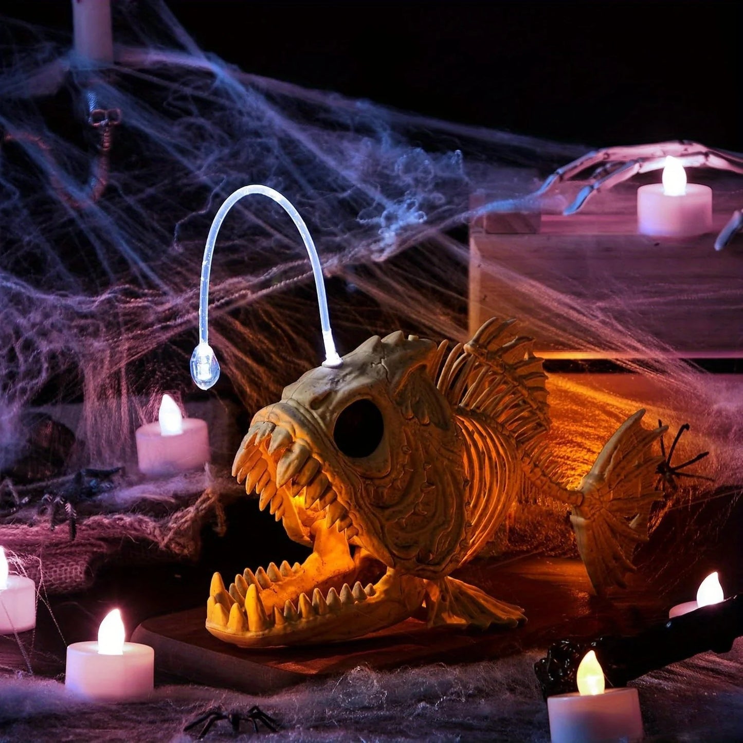 Skeleton Lantern Fish Halloween with LED Eye Plastic Bones for Halloween Party Photo Prop Decoration Graveyard Decor, Indoor Outdoor Spooky Scene(10.2" *5.5" *3")