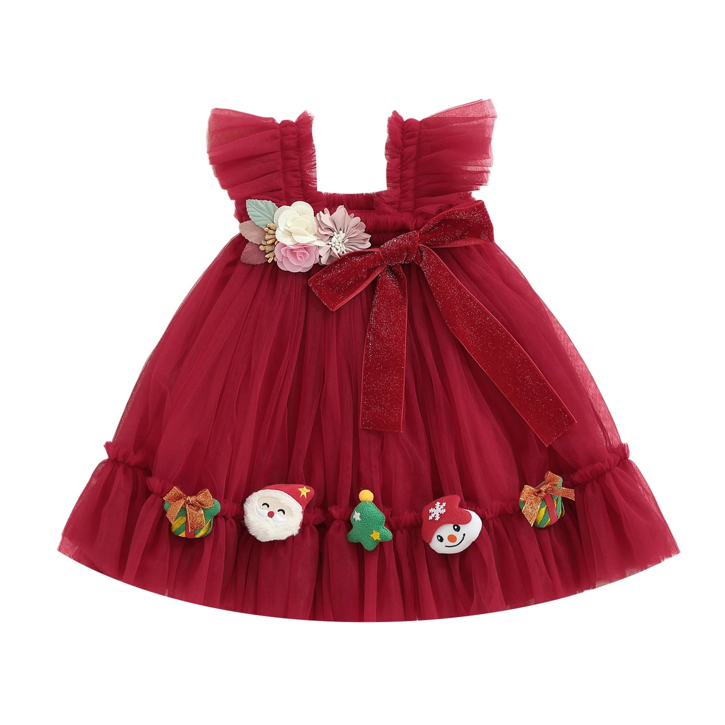 Toddler Girl Holiday Tulle Dress With 3D Flowers Santa Bow