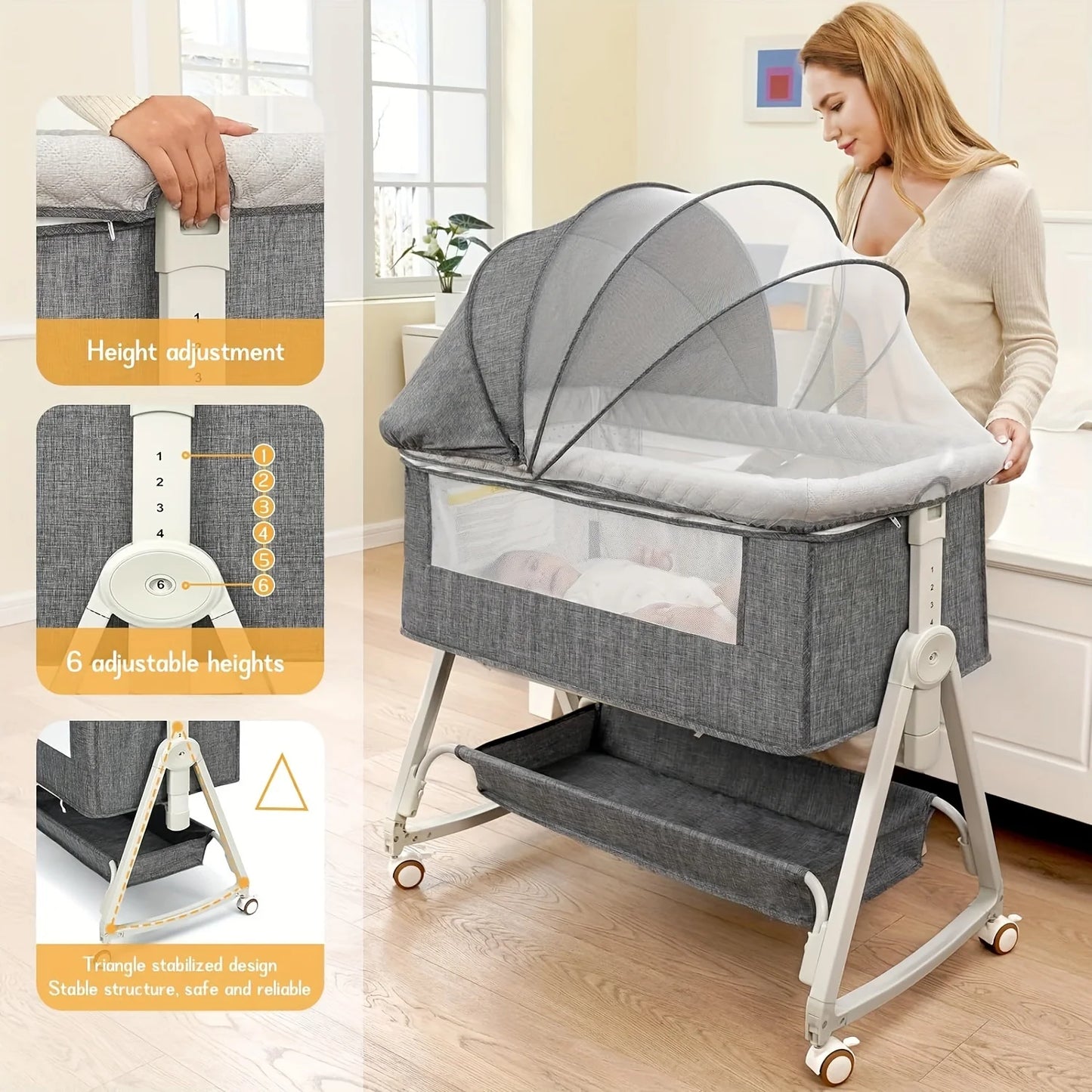 Three In One Bedside Baby Bassinet On Wheels Portable Crib