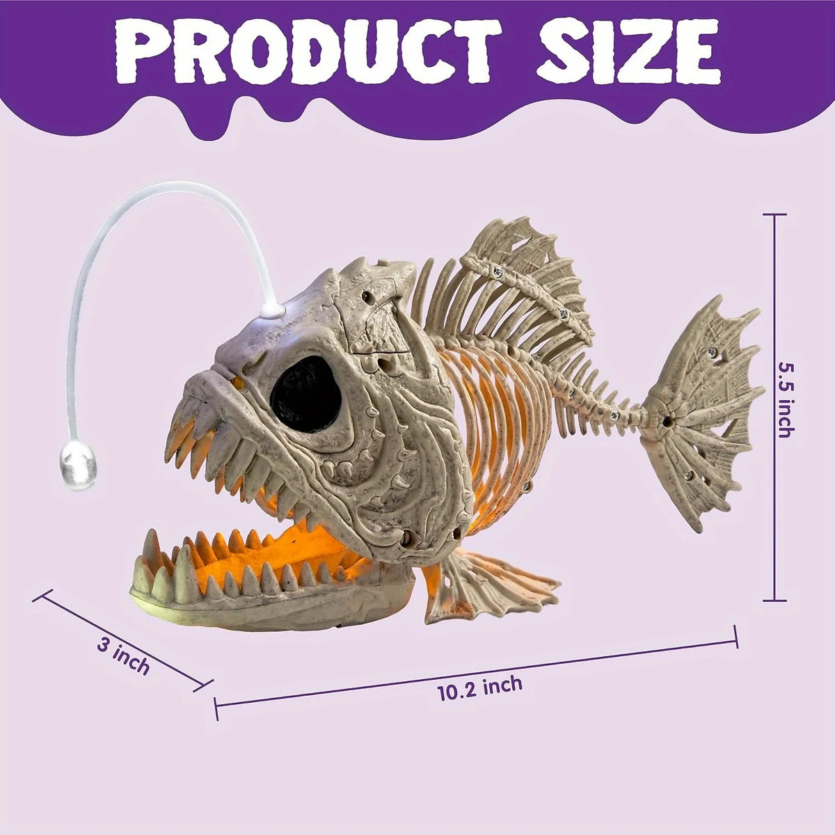 Halloween Skeleton Lantern Fish with LED Eye Plastic Bones for Halloween Party Photo Prop Decoration, Graveyard Decor, Indoor Outdoor Spooky Scene(10.2" *5.5" *3")