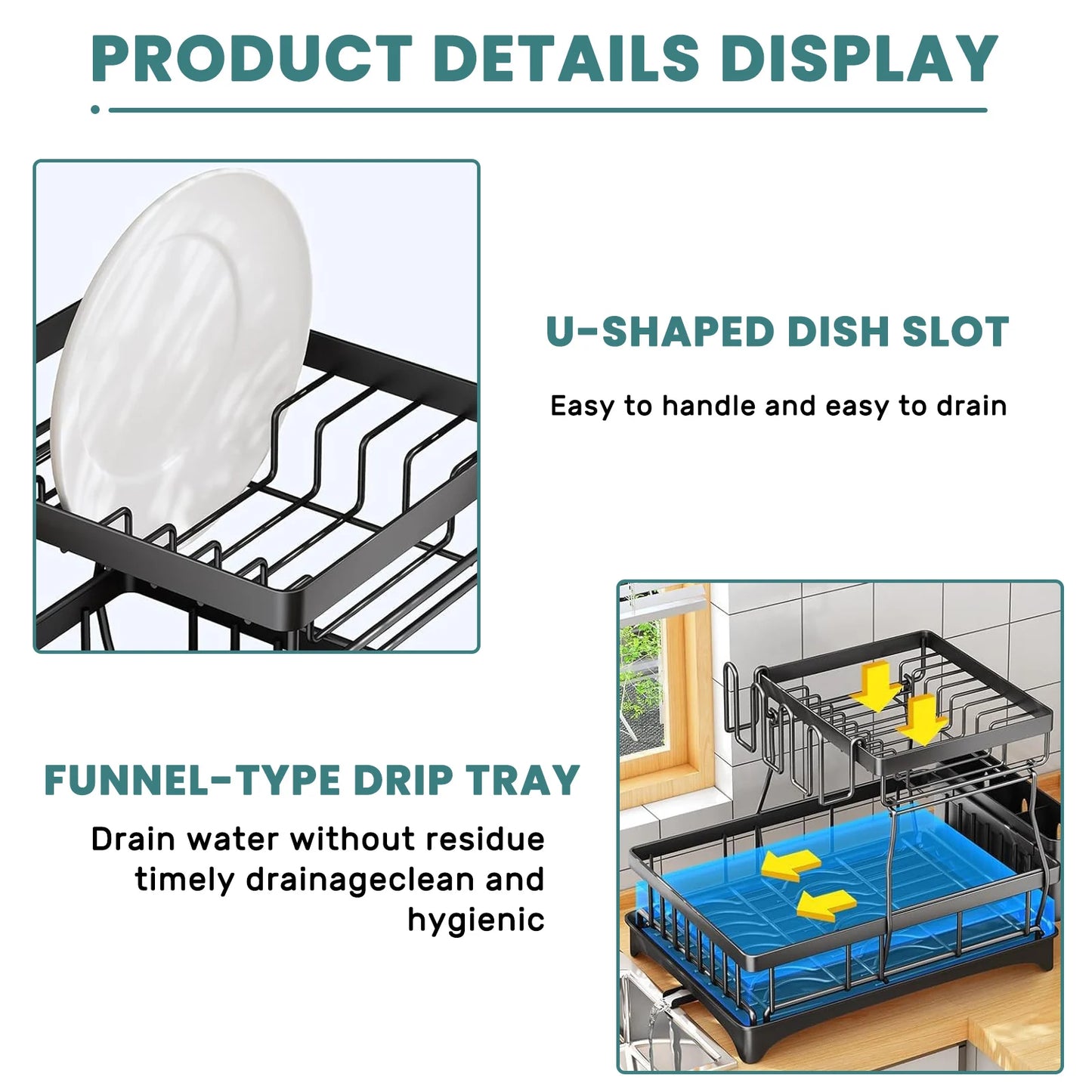 Removable 2-Tier Metal Dish Drying Rack for Kitchen Countertop