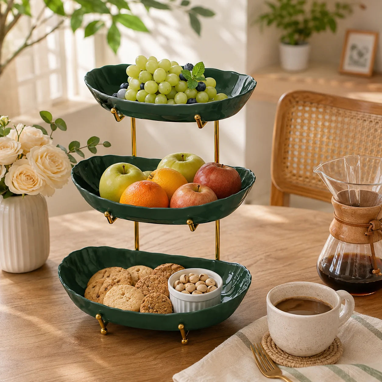 2/3-Tier Plastic Fruit Bowl Stand with Metal Frame, Large Capacity Countertop Fruit Basket for Fruits, Vegetables, Bread, Snacks & Desserts, Kitchen Counter Organizer