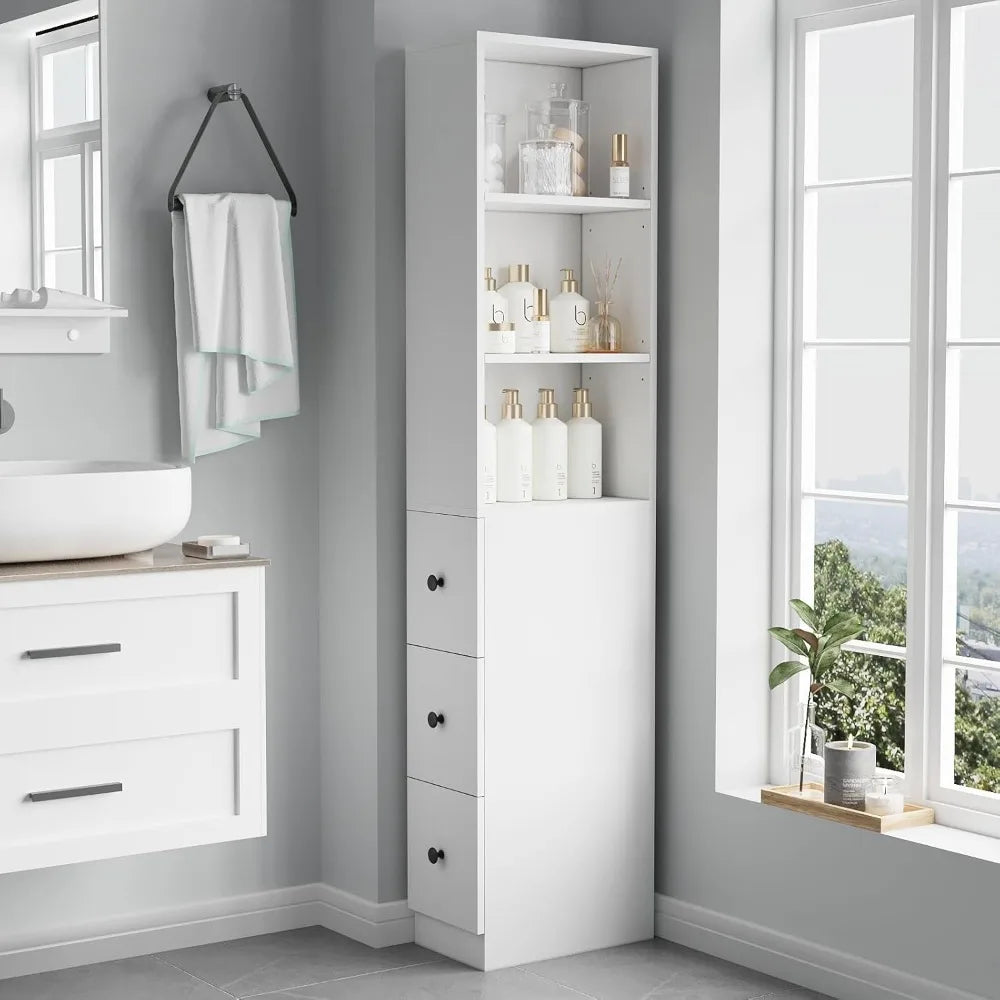 Storage Cabinet Tall Narrow Bathroom Organizer with 3-Level Adjustable Shelves Slim Free Standing Space Saver