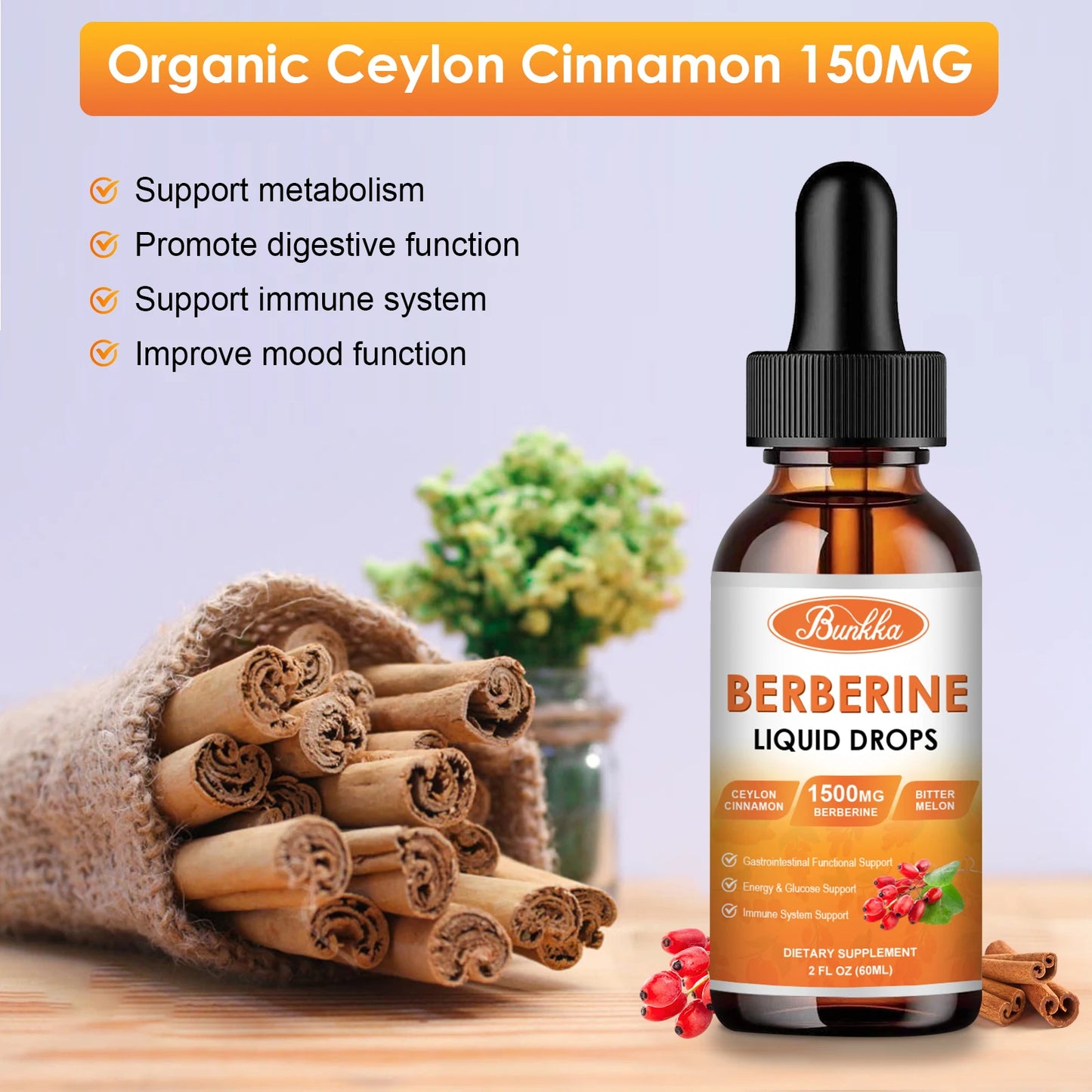 60Ml Berberine Drops With Turmeric Cinnamon Bitter Gourd Piperine For Digestive And Immune Health Support Vegetarian