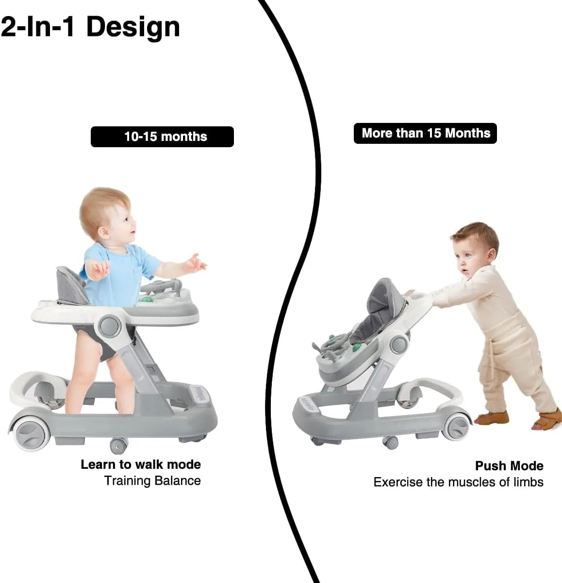 2 In 1 Baby Walker For Toddlers With Removable Feeding Tray And Music Tray Push Walker Foldable