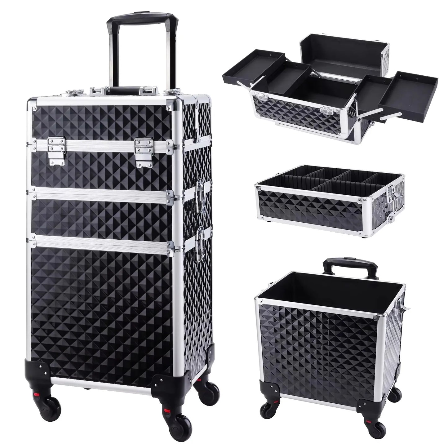 Rolling Makeup Case 3 In 1 Removable Makeup Case On Wheels Large Capacity Lockable Trolley For Salon