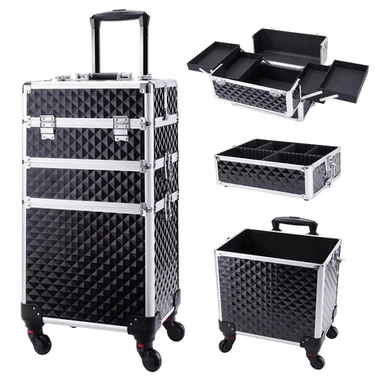 Rolling Makeup Case 3 In 1 Removable Makeup Case On Wheels Large Capacity Lockable Trolley For Salon