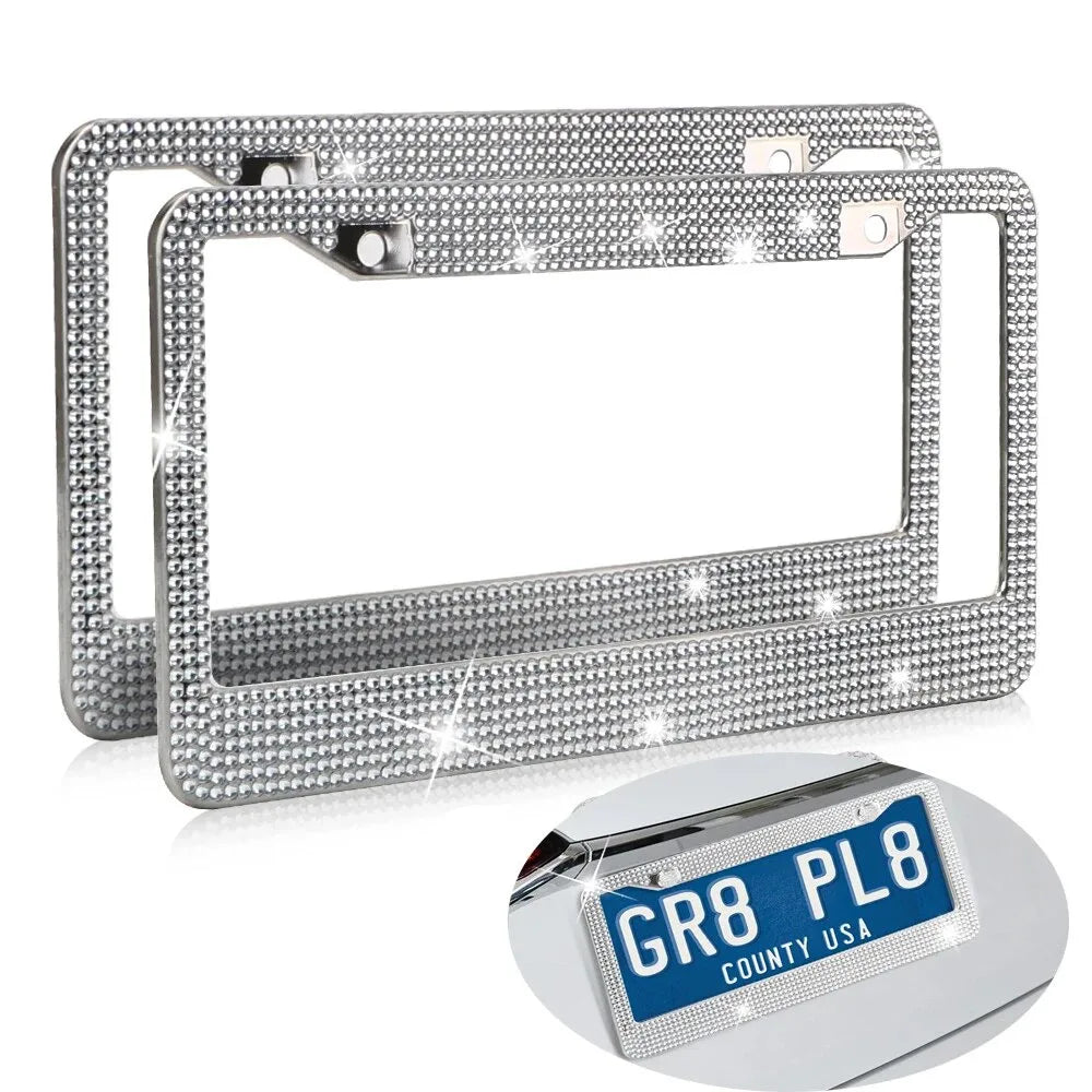 2PCS Bling Crystal Diamond Car License Plate Frame Stainless Steel Shiny Rhinestone License Plate Cover Holder Universal Auto License Tag Frames