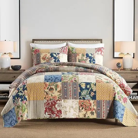 Patchwork Cotton Quilt Coverlet Set Three Piece Reversible