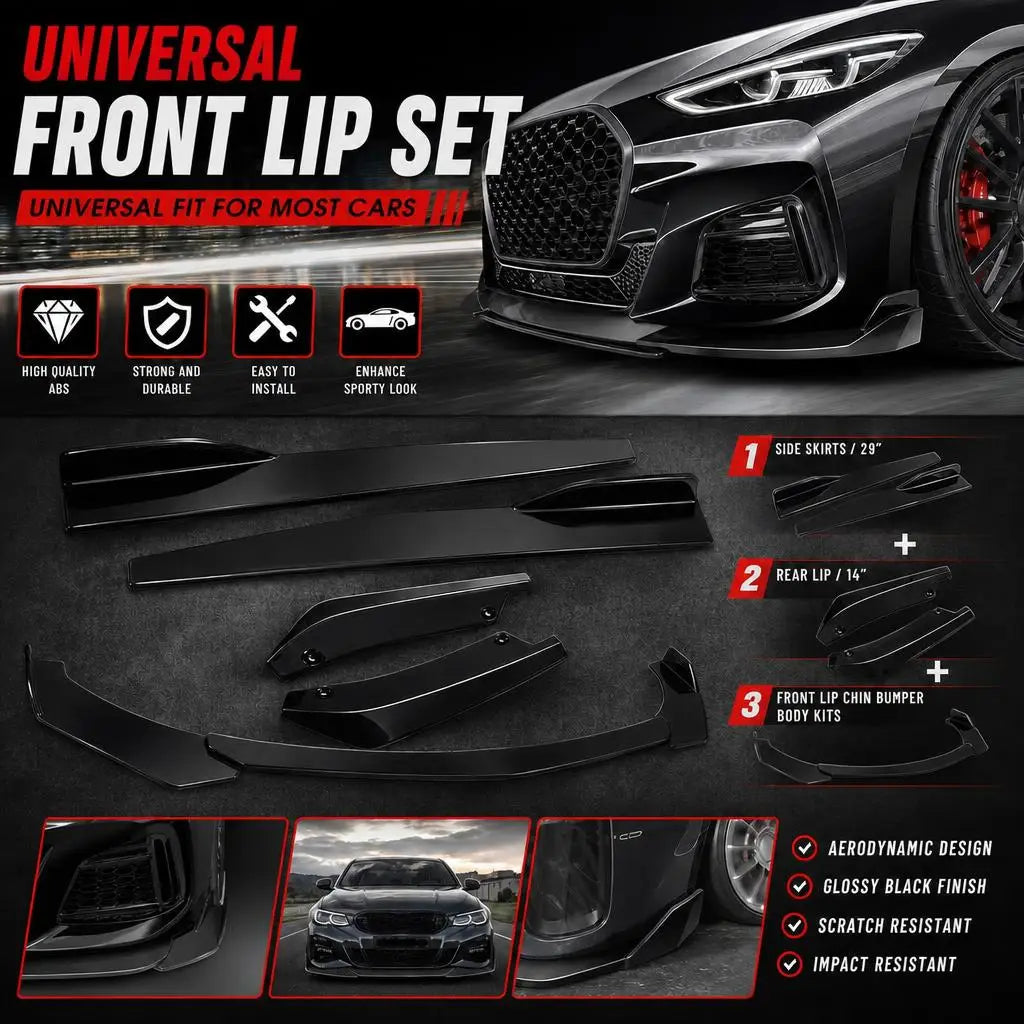 Universal 5 Piece Front Bumper Lip Splitter Kit For Car PP Black Front Spoiler Side Skirt Extension Racing Body Kit