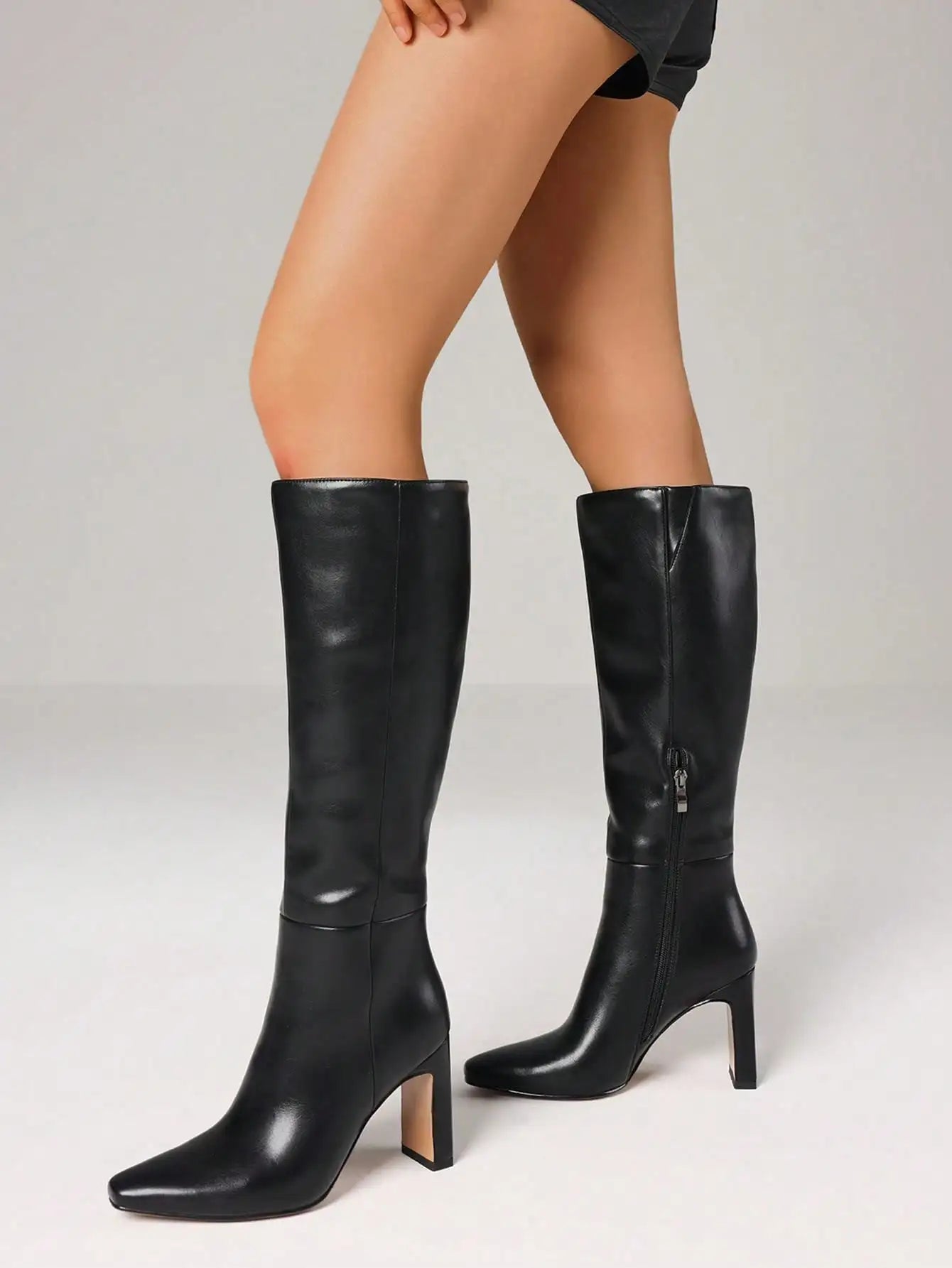 Sexy Elegant Women Knee High Boots With Square Toe Heels