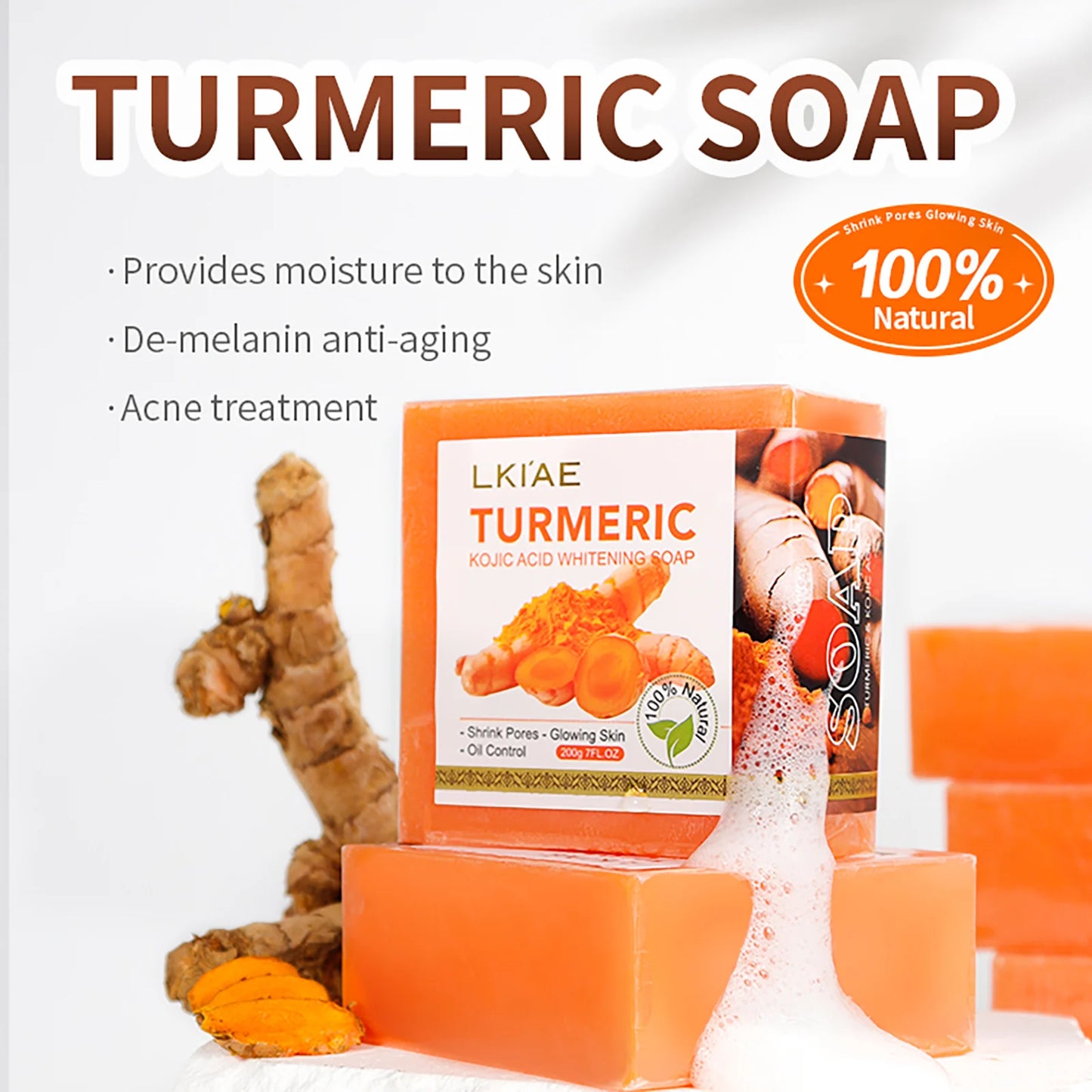 LKIAE Organic Turmeric Soap Bar, Natural Herbal Hand Made Whitening Soap, Reduce Melanin, Pimples, Acne, For Face And Body,200g