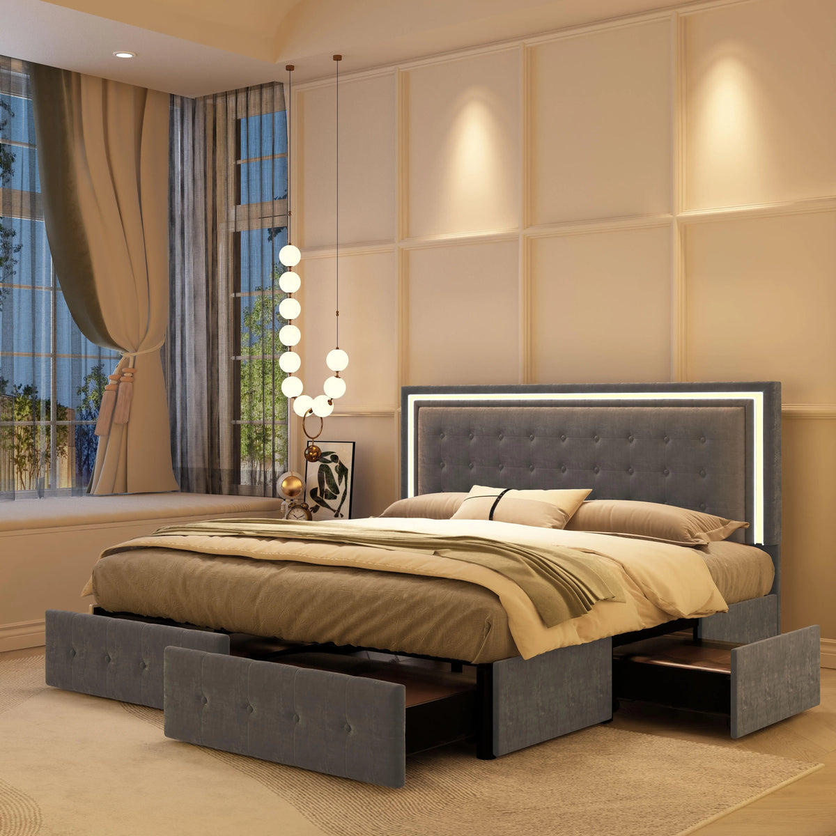 GEGOFORU Queen LED Bed Frame with 4 Storage Drawers, RGBW Headboard, PU Upholstered, No Box Spring Needed, 900 lbs Support