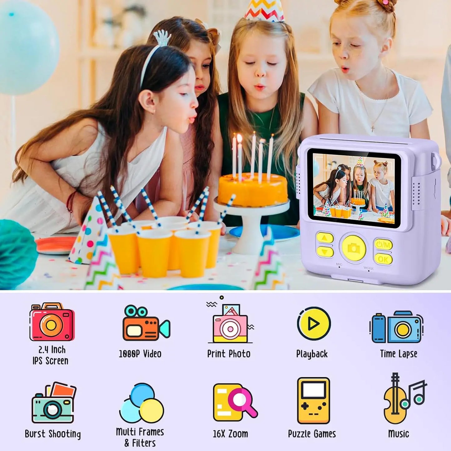 Gofunly Kids Instant Print Camera Thermal Printing Digital Camera 2 Point 4 Inch LCD 1080P For Ages Six To Twelve