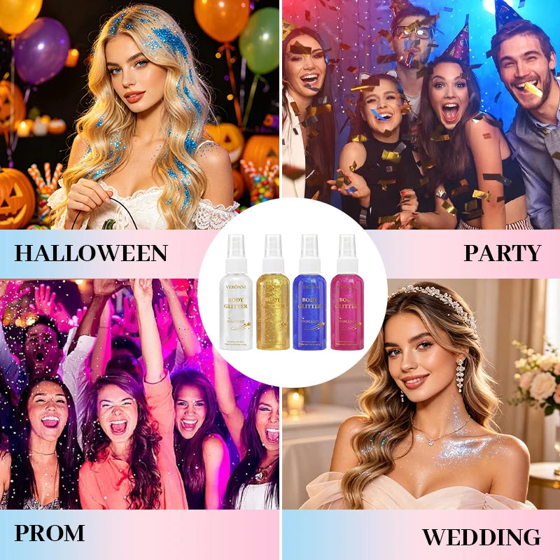 2Pcs VERONNI Body Glitter Spray, Shimmer Highlighter Mist for Hair Face Body, Long Lasting Sparkle Makeup Spray for Party Festival
