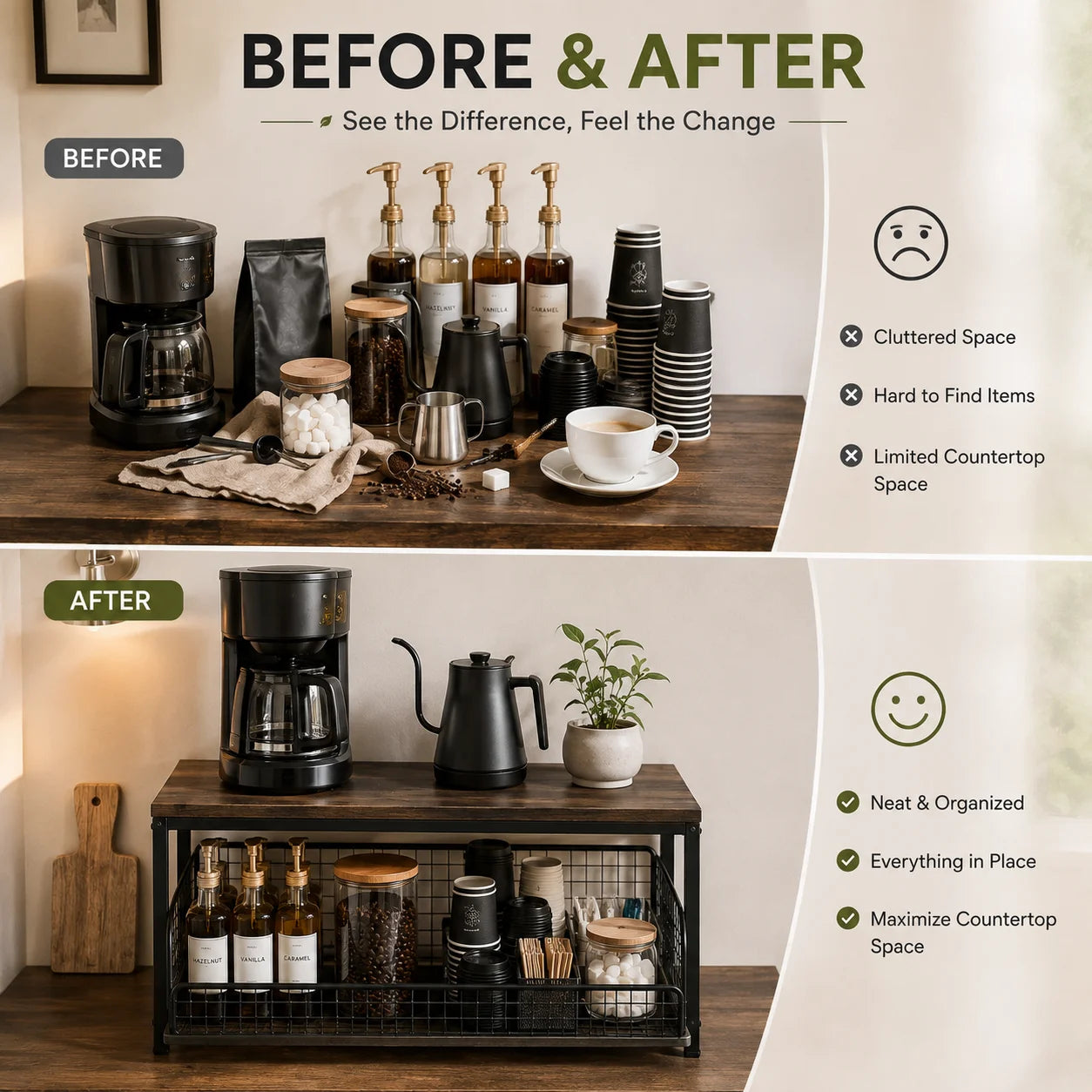 Pull Out Kitchen Counter Organizer with Sliding Wire Basket, Rustic Wood Countertop Storage Shelf for Coffee Station, Spice Rack, Pantry & Bathroom Organization