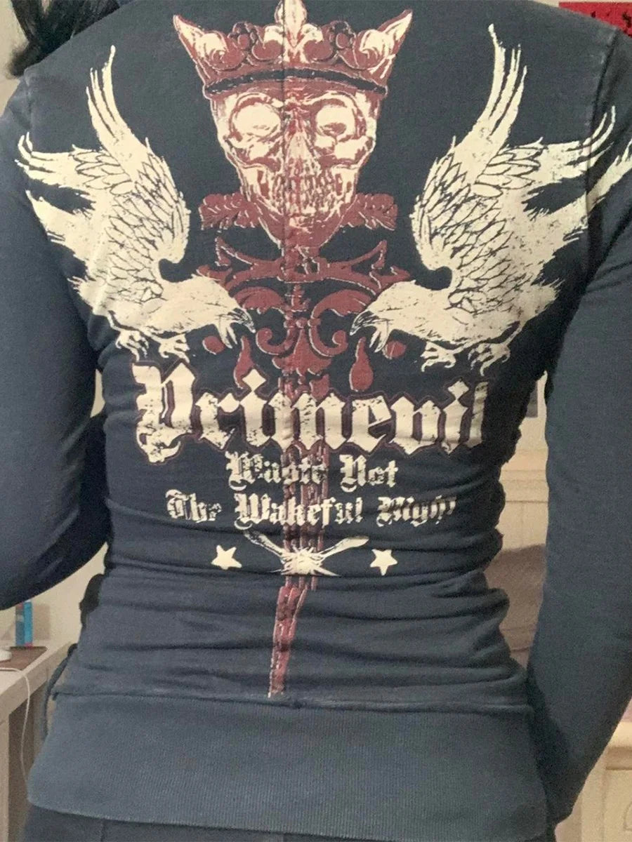 Hirigin Women Hooded Bandage Hoodie With Pattern Print Zipper Outerwear