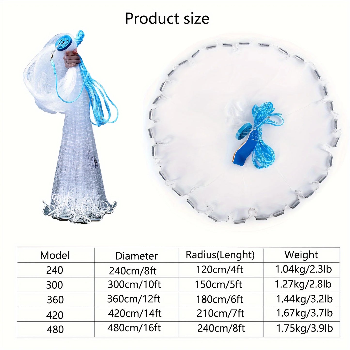 American Style Easy-Throw Fishing Cast Net, Durable Nylon Blend White Fishing Equipment, Handmade Sturdy Easy to Learn for Saltwater Freshwater All Fish Species，Christmas/Easter/Father's Day gifts