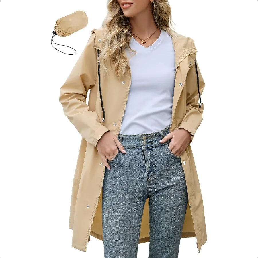 Hign-concerned Packable Waterproof Rain Coat Hooded Trench