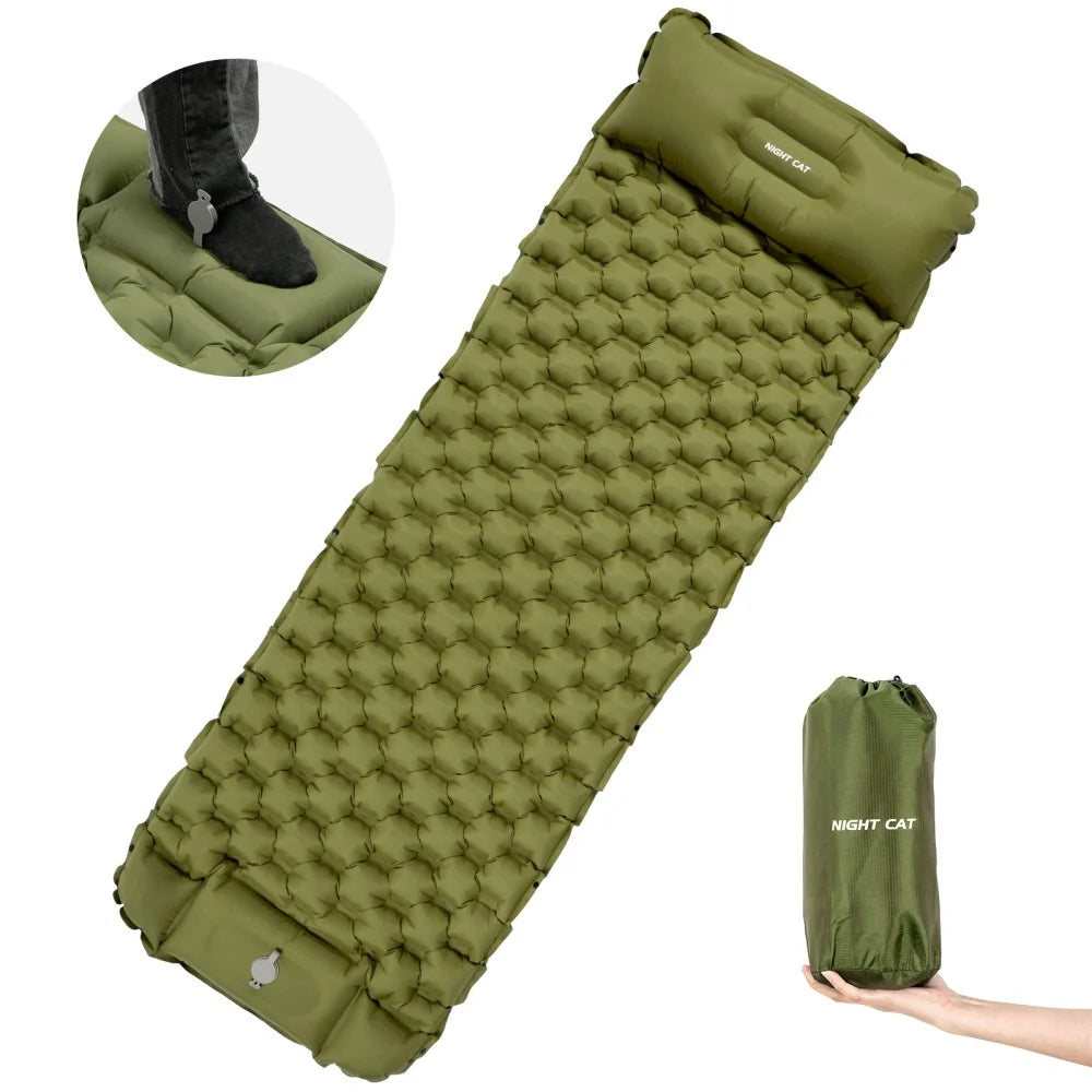 Night Cat Inflatable Sleeping Pads Mat Bed with Pillow Foot Pump for Camping Backpacking Hiking Ultra-Light Compact Comfortable Extendable 77"x25.5"