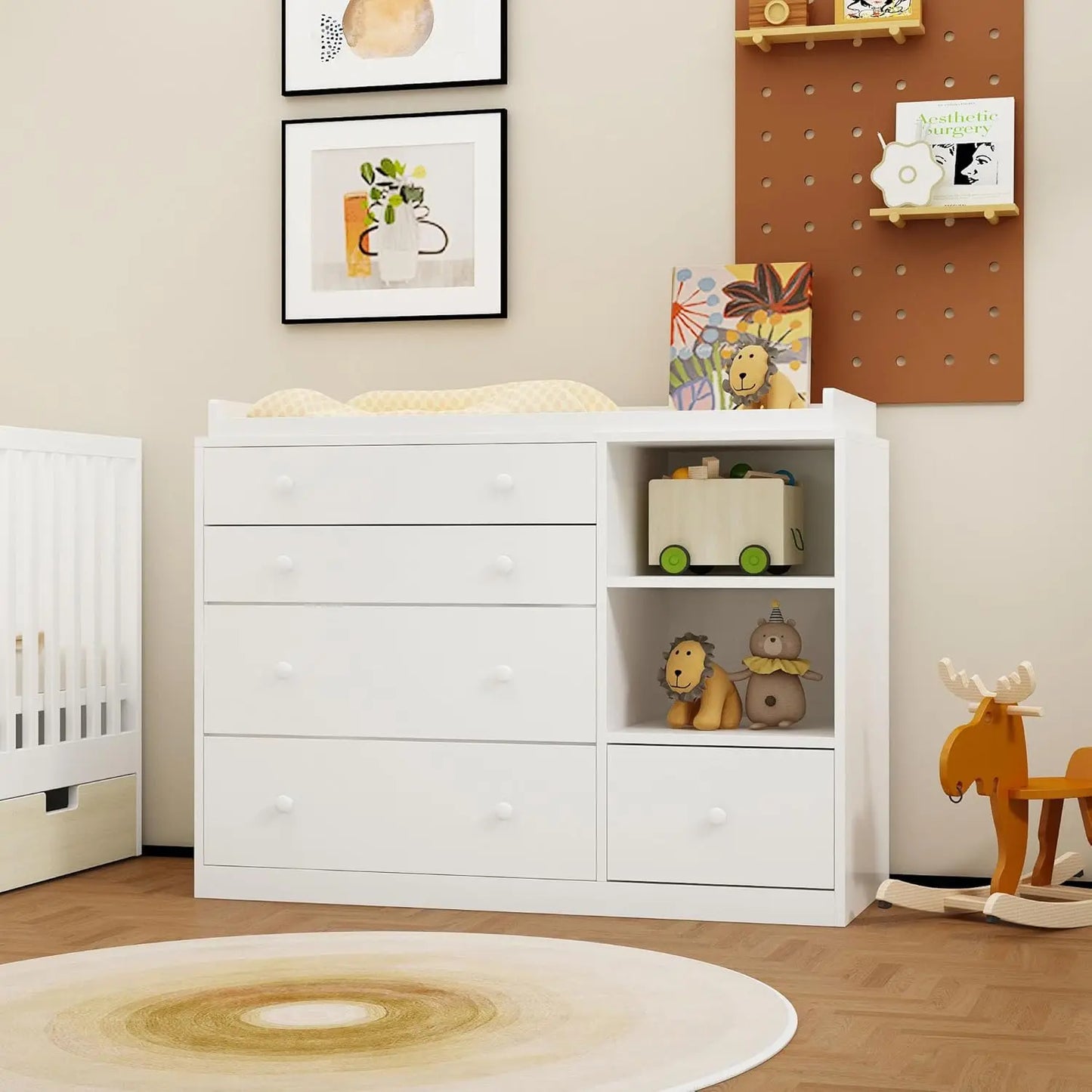 Changing Table Dresser For Nursery White With 5 Drawers And 2 Shelves Multi Functional Baby Changing Station