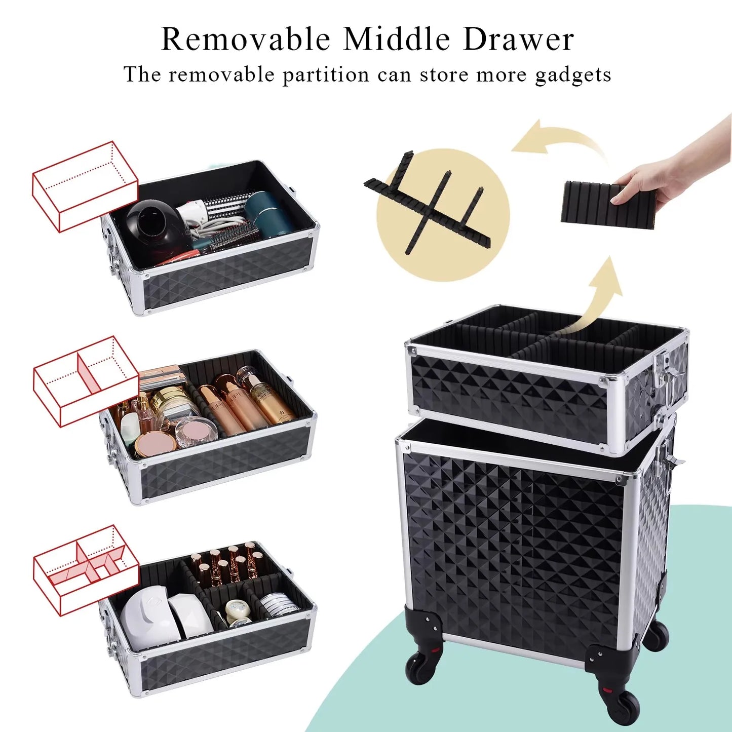 Rolling Makeup Case 3 In 1 Removable Makeup Case On Wheels Large Capacity Lockable Trolley For Salon