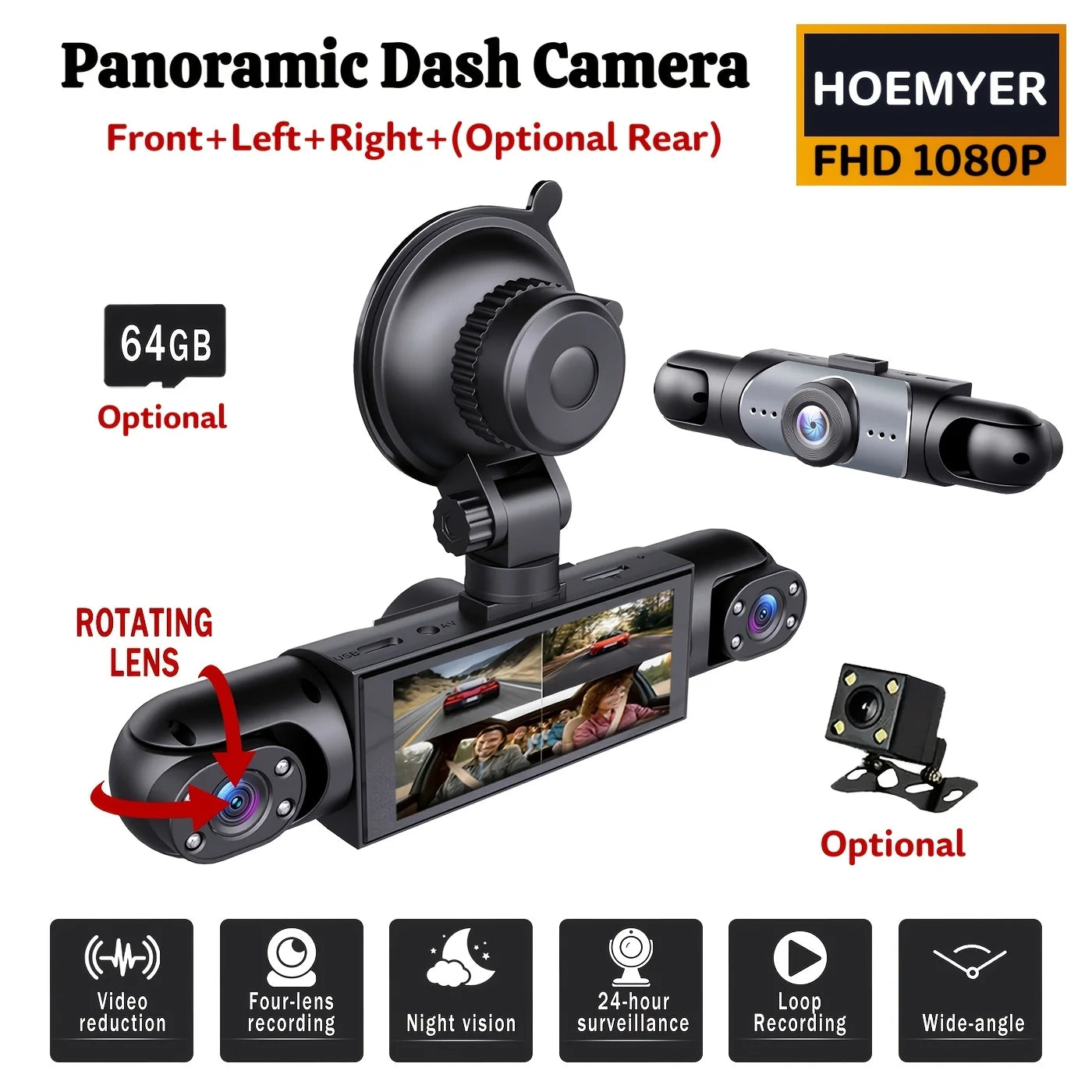 BCUOZ 360 Panoramic Dash Cam Kit Front 1080P Rear 720P