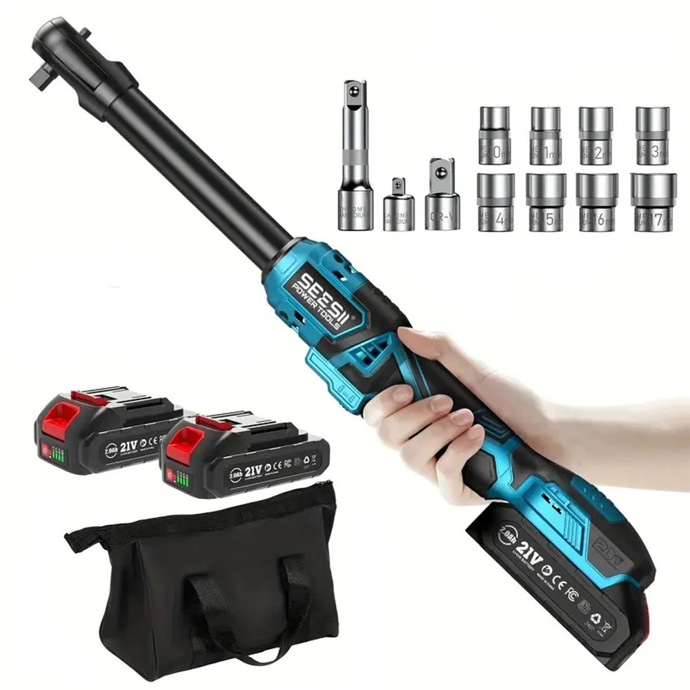SEESII 21V 6.3'' Extended Electric Ratchet Wrench 3/8'80Nm Cordless Electric Wrench Rechargeable Angle Wrench Car Handheld Toolsfor Makita 18v Battery Pin