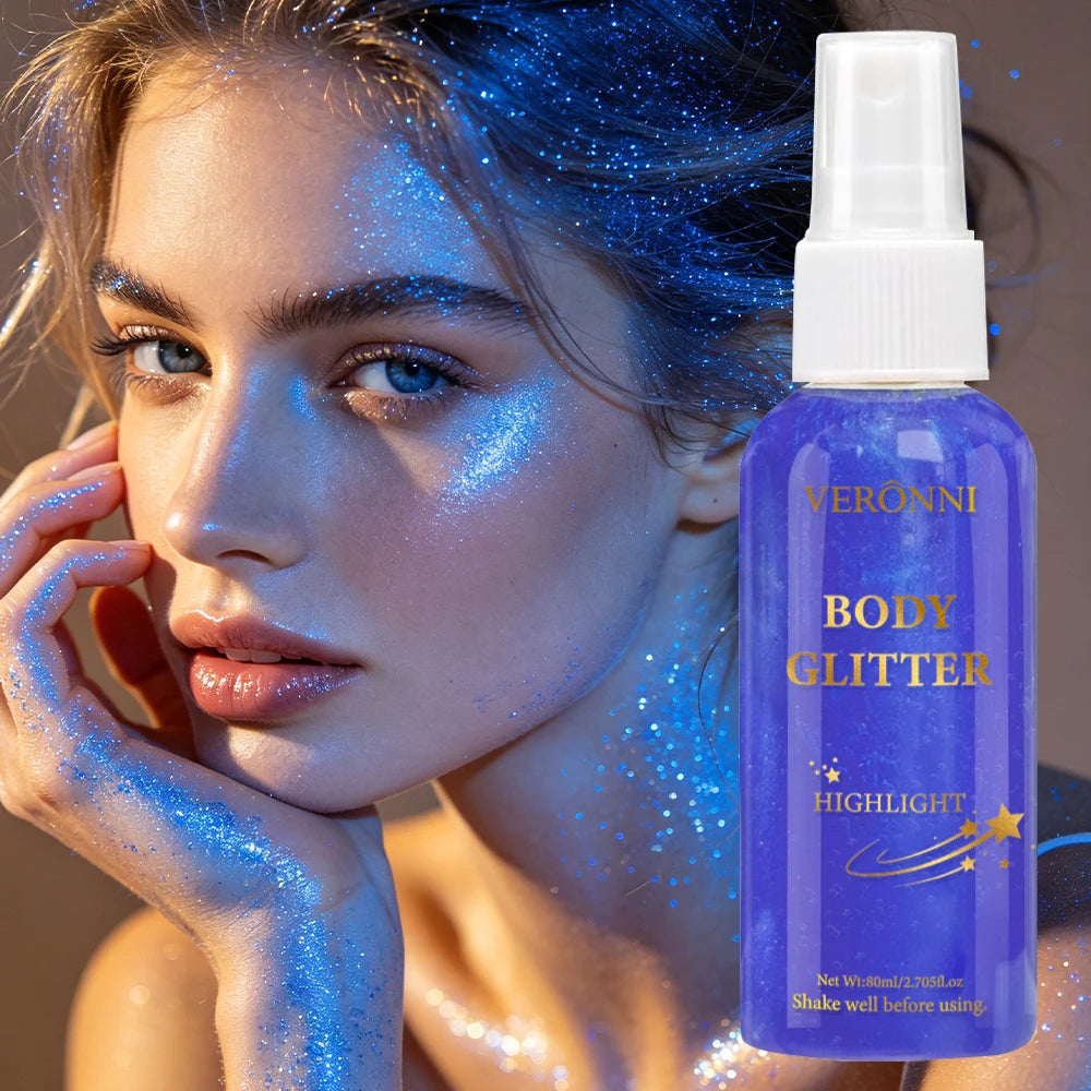 2Pcs VERONNI Body Glitter Spray, Shimmer Highlighter Mist for Hair Face Body, Long Lasting Sparkle Makeup Spray for Party Festival