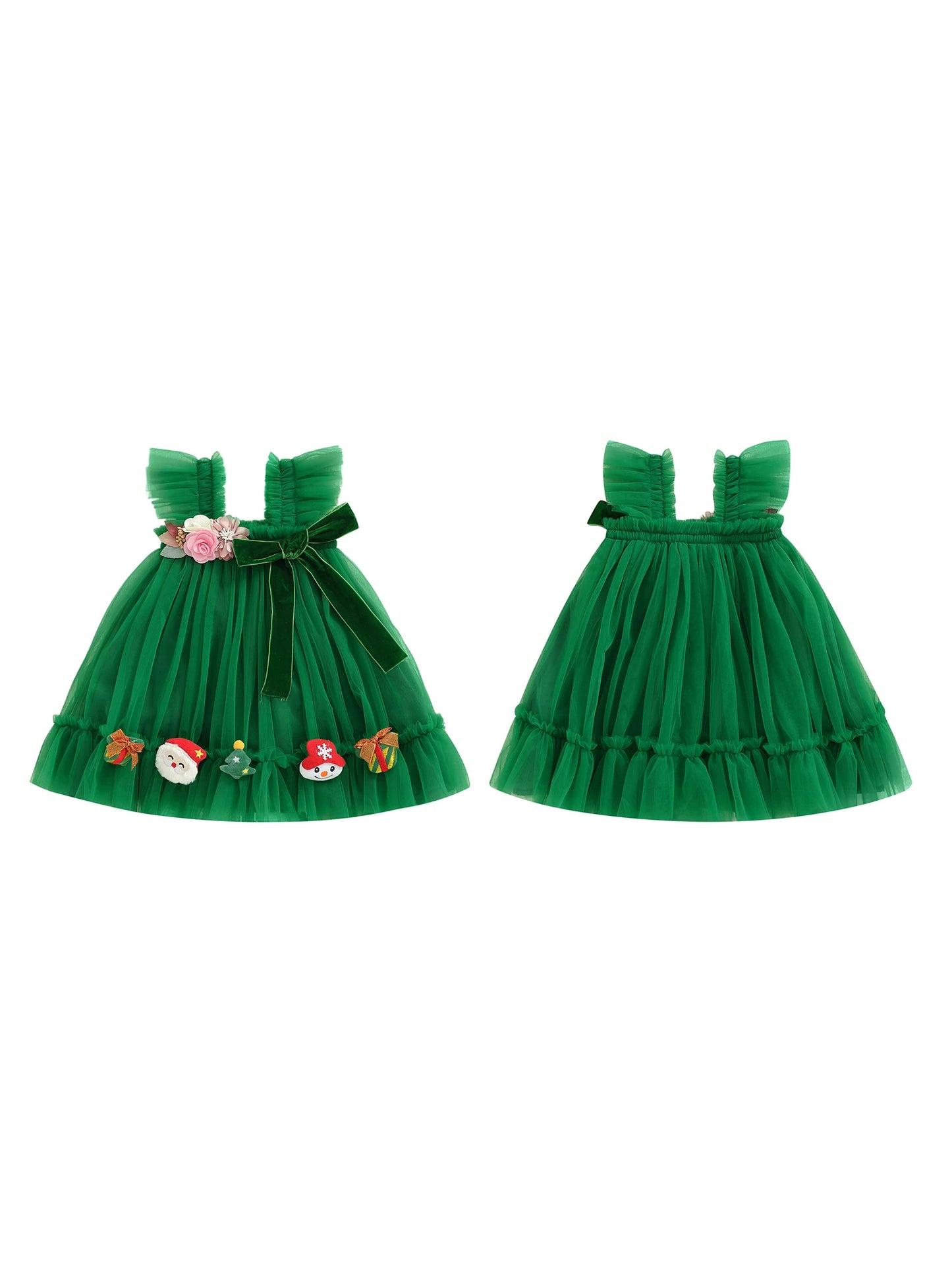 Toddler Girl Holiday Tulle Dress With 3D Flowers Santa Bow