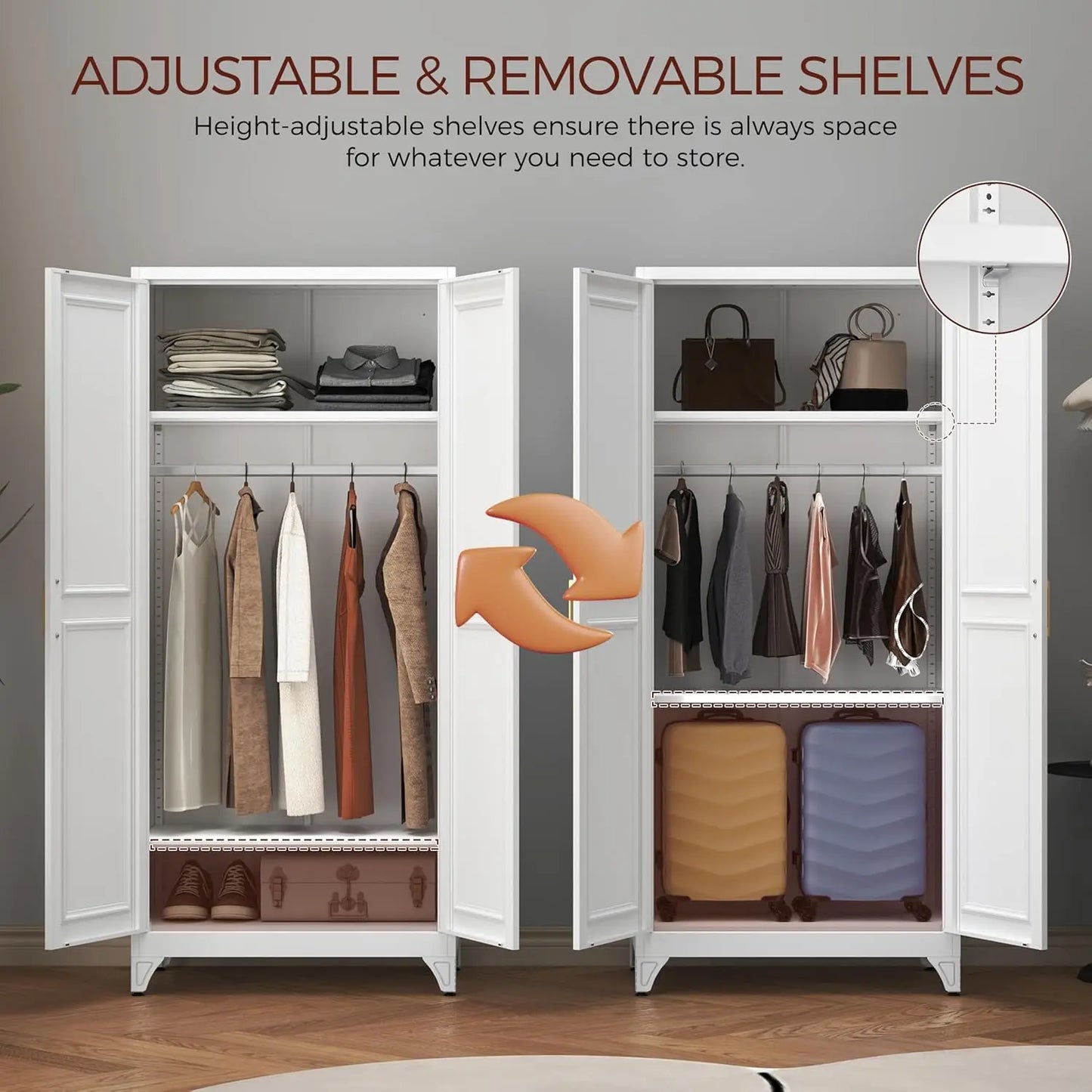 Metal Armoire Wardrobe Closet with 2 Doors, 71" Tall Wardrobe Closet with Doors, Hanging Rod, Drawers and, Customized