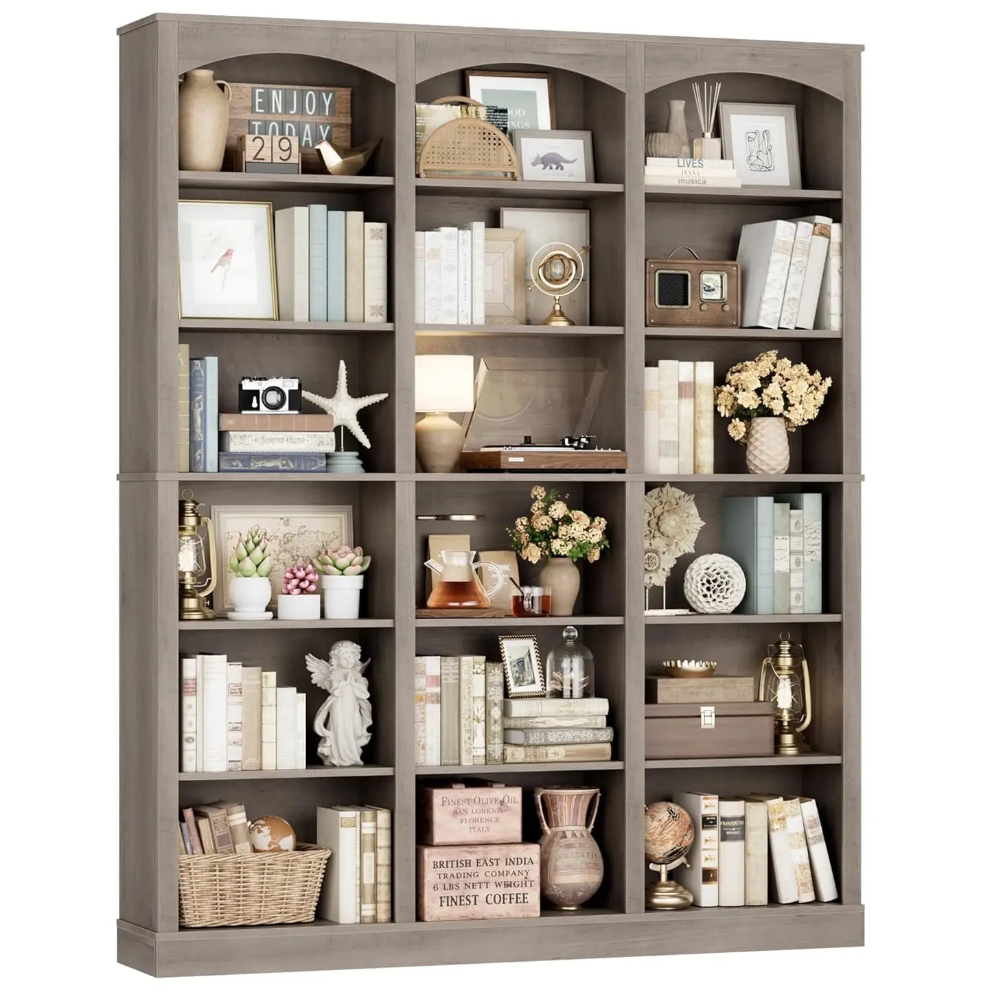 71" Triple Wide Bookshelf, 6 Tier Tall Bookshelf, Large Bookcase with Curved Baffle, 63.4" Wide Book Shelf with 18, Customized