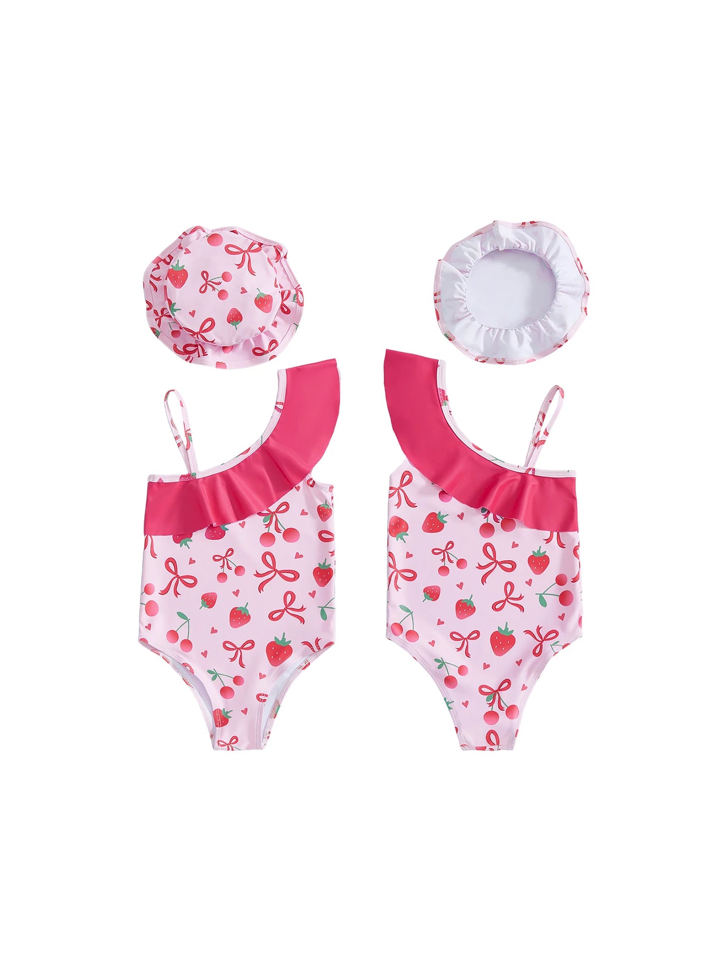 Nonecn Toddler Girls Strawberry Print 2 Piece Swimsuit Set Hat