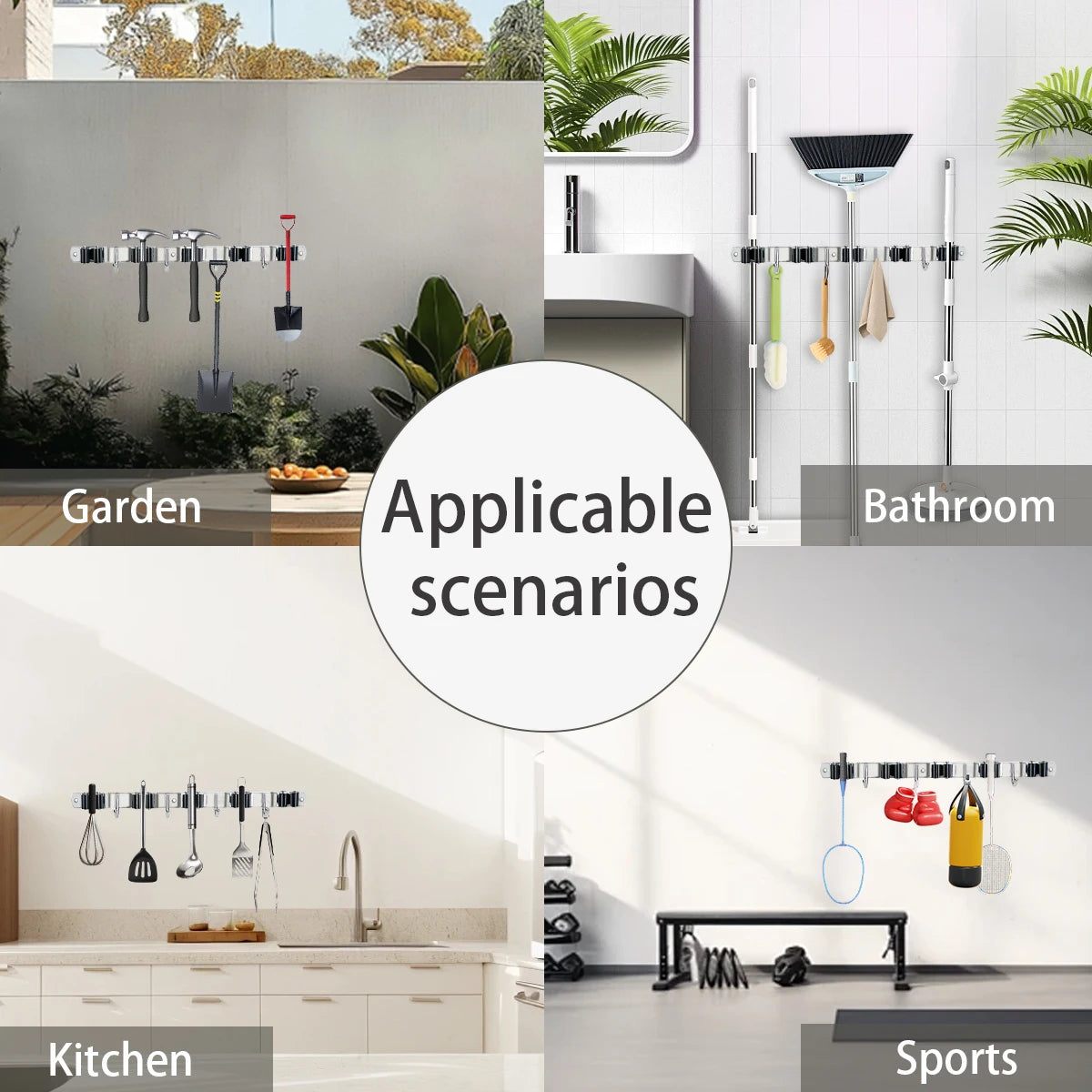 Adhesive 4 Hook Broom Mop Organizer Stainless Steel Wall Rack