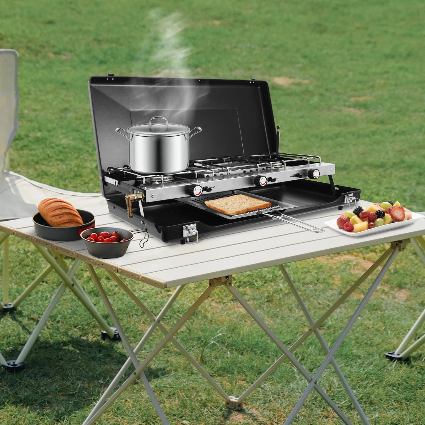 Grill 3-Burner Outdoor Campfire Gas Grill For Camping