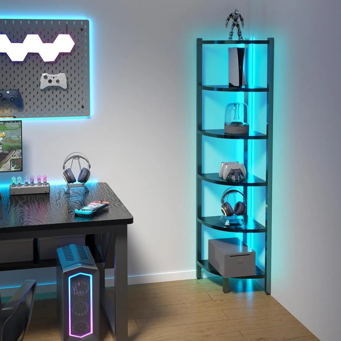 6-Tier Corner Shelf with LED Lights, Steel Frame Display Stand for Living Room, Bedroom, Study in Black