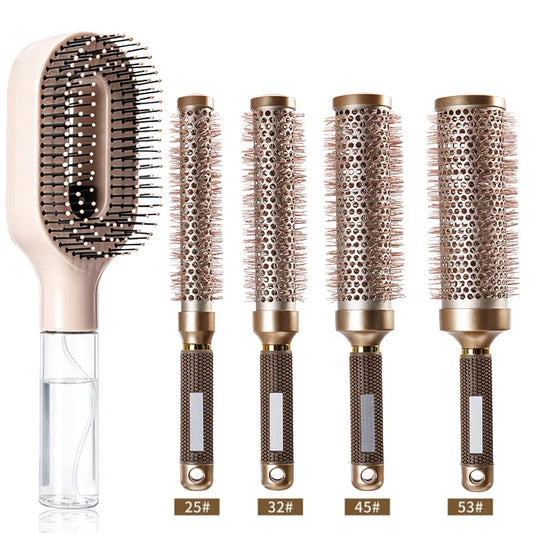 5Pcs/Set 2 In 1 Water Spray Hair Brush & Round Hair Roller Brush Set Anti‑static Salon Hair Styling Comb for Blow Drying Curling Volumizing Hairdressing Tool