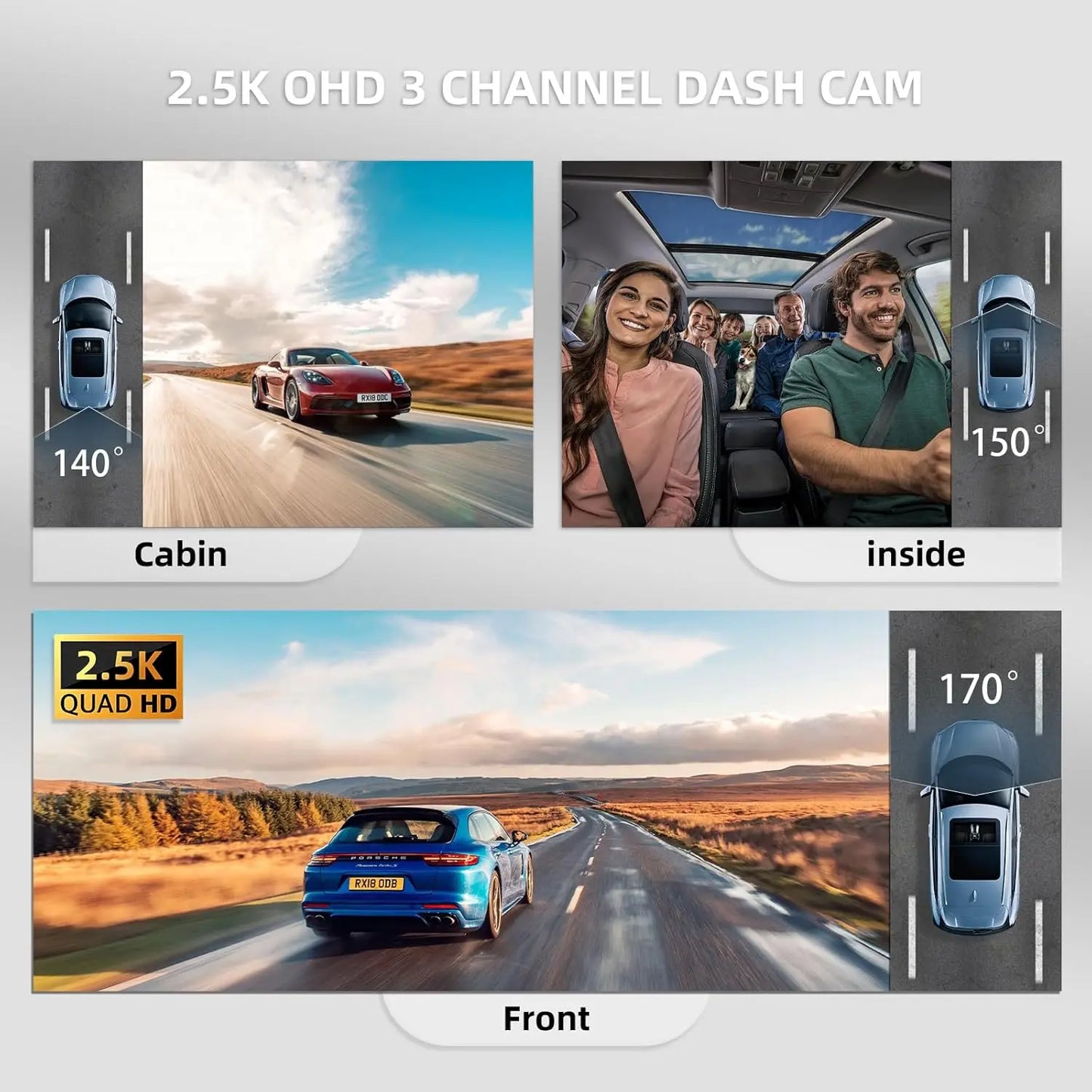 Kankeirr 3 Channel 2.5K Dash Cam With 360 Night Vision