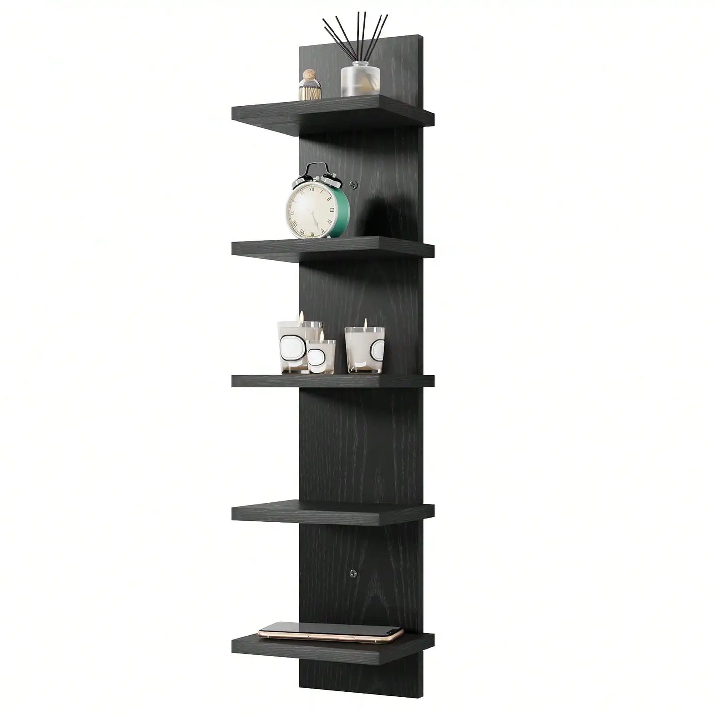 5 Tier Floating Wall Shelf Modern Wooden Vertical Wall Mounted Bookshelf Display Rack Storage Shelving Unit For Bedroom Living Room Home Office Bathroom Housewarming Gift