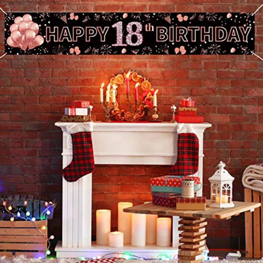 18th Birthday Decorations for Girls, Happy 18th Birthday Banner Rose Gold and Black 18 Year Old Birthday Decorations Party Supp