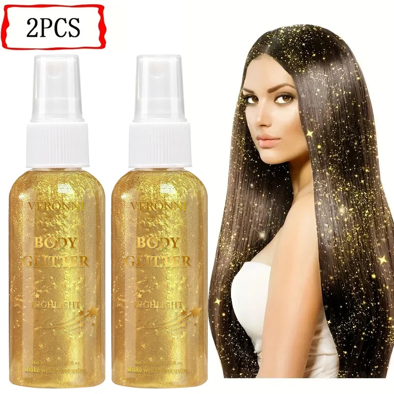 2Pcs VERONNI Body Glitter Spray, Shimmer Highlighter Mist for Hair Face Body, Long Lasting Sparkle Makeup Spray for Party Festival