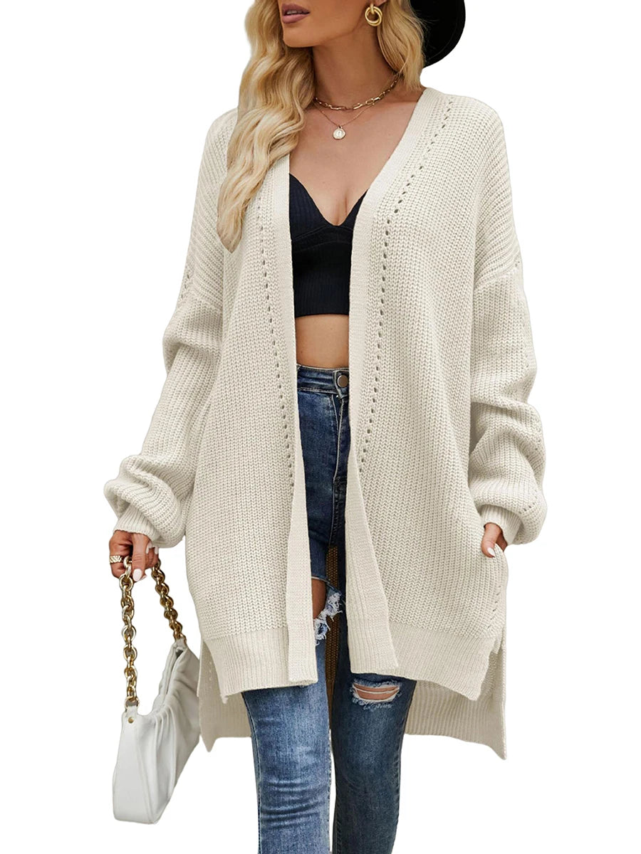 Women Autumn Winter Knit Cardigan Long Sleeve Open Front Split Hem Knitwear Sweater