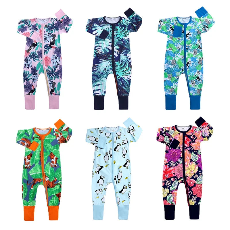 New Double Zipper Infant Baby Girl Boy Clothes Geometry Long Sleeve Cotton Baby Romper Clothing For Newborn Jumpsuit 0-24 Months