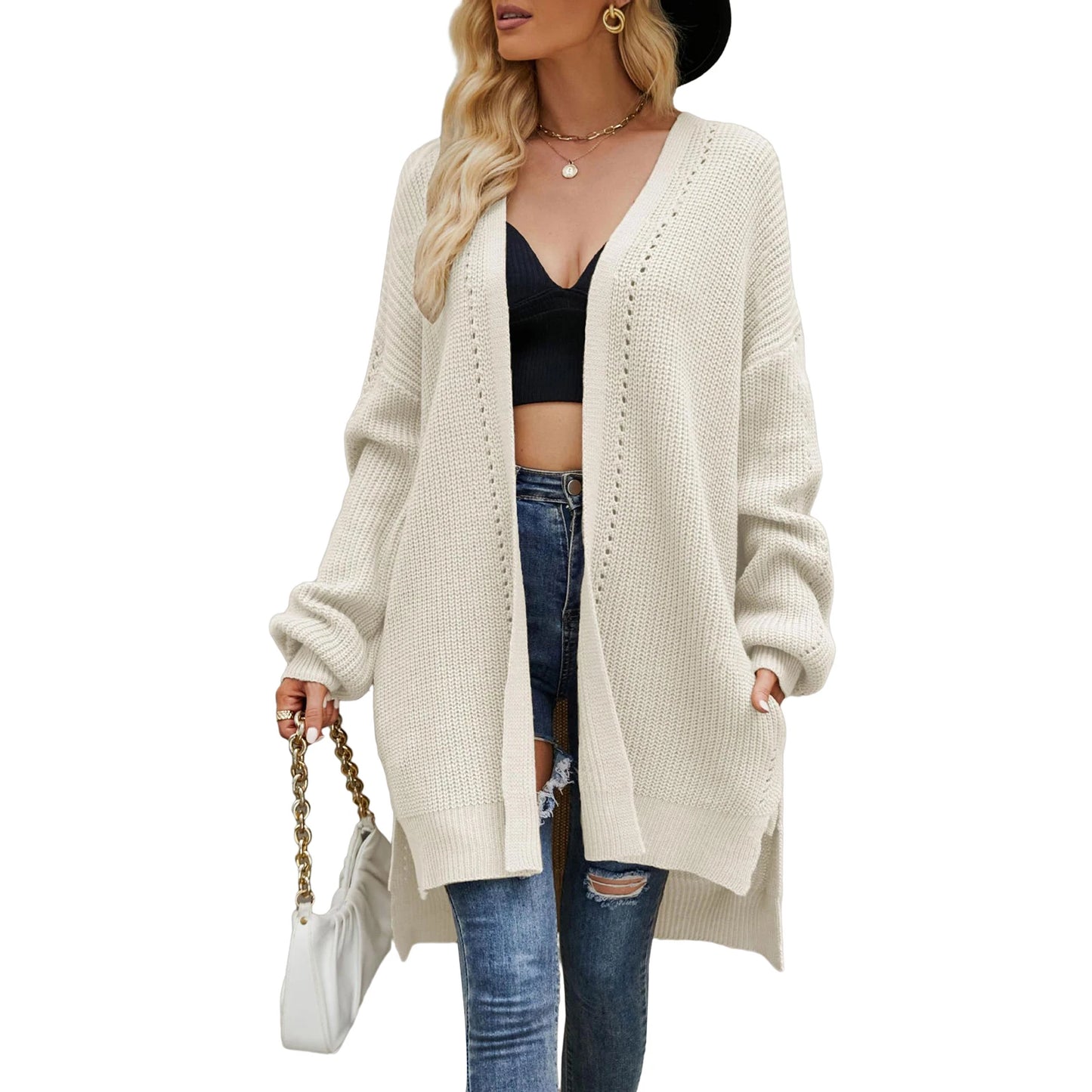 Women Autumn Winter Knit Cardigan Long Sleeve Open Front Split Hem Knitwear Sweater