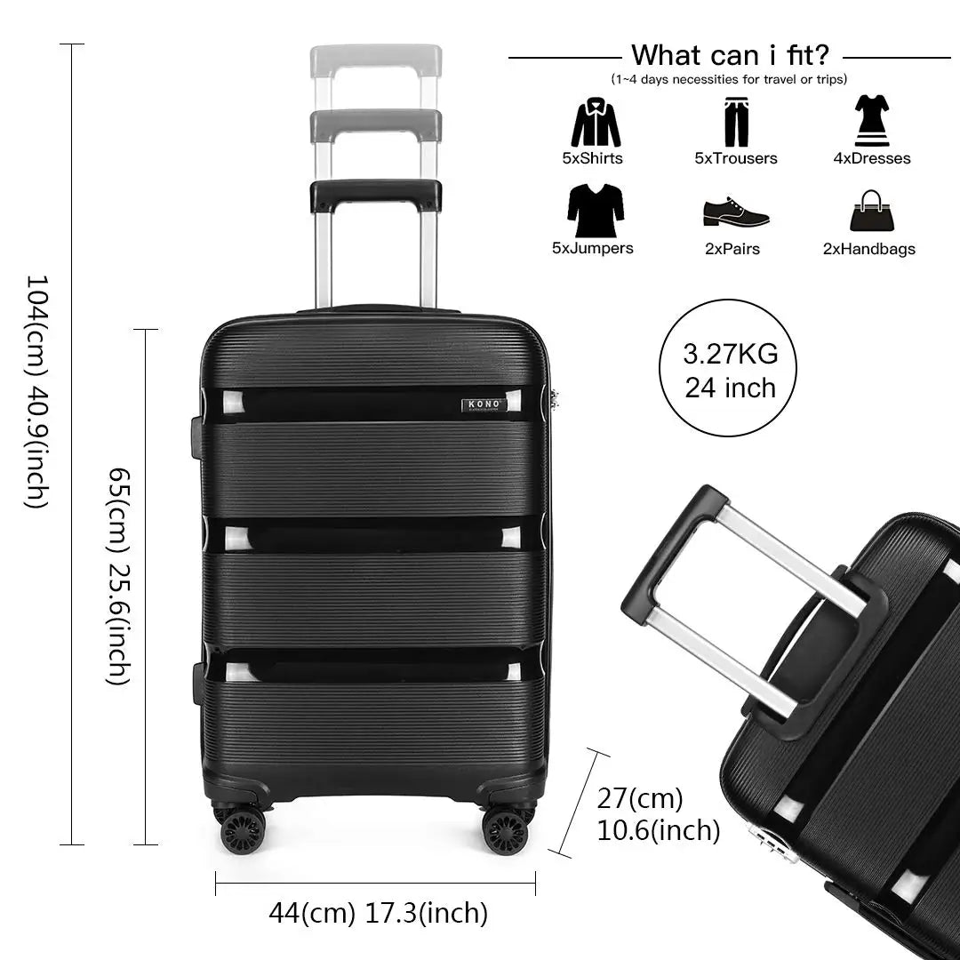 Kono 24 Inch Check In Suitcase 66L Spacious PP Hardshell TSA Approved For Secure Travel