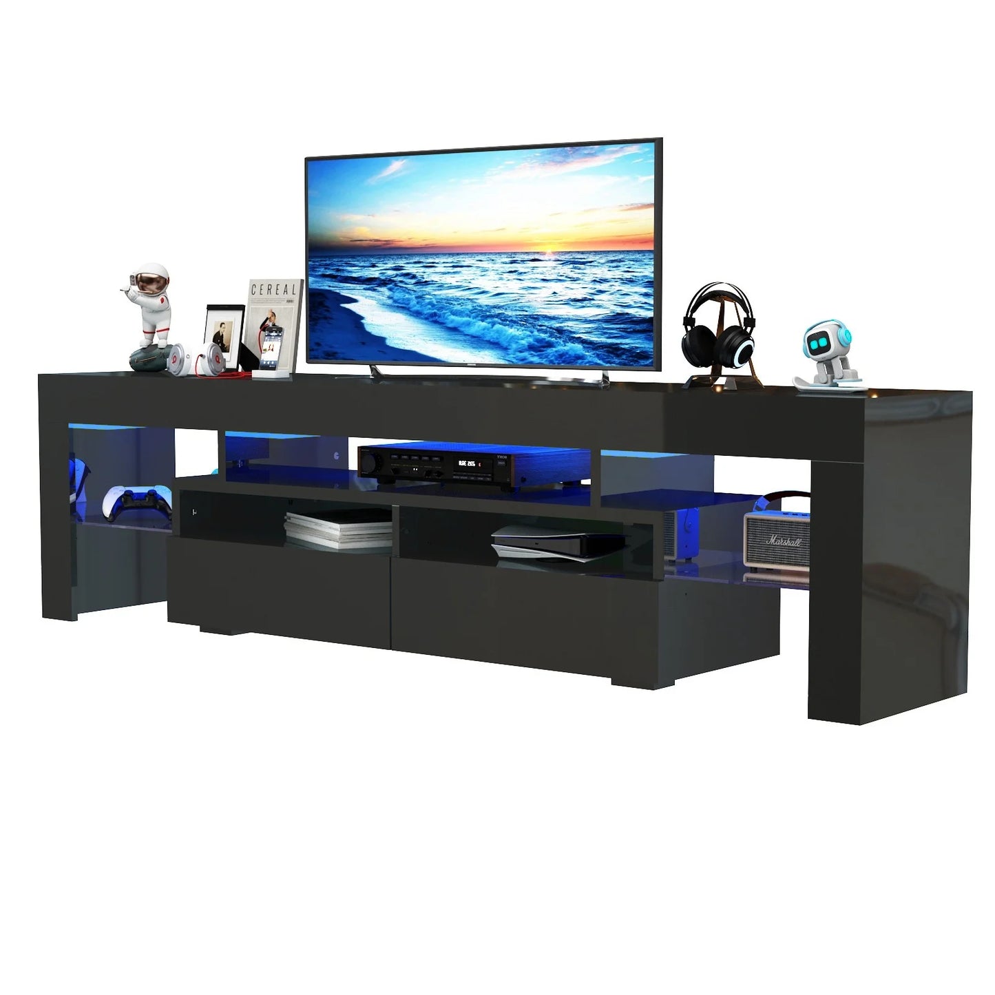 LED TV Stand for Living Room with 20 Color LED Lights and Storage Shelf High Gloss Cabinet with Large Drawers