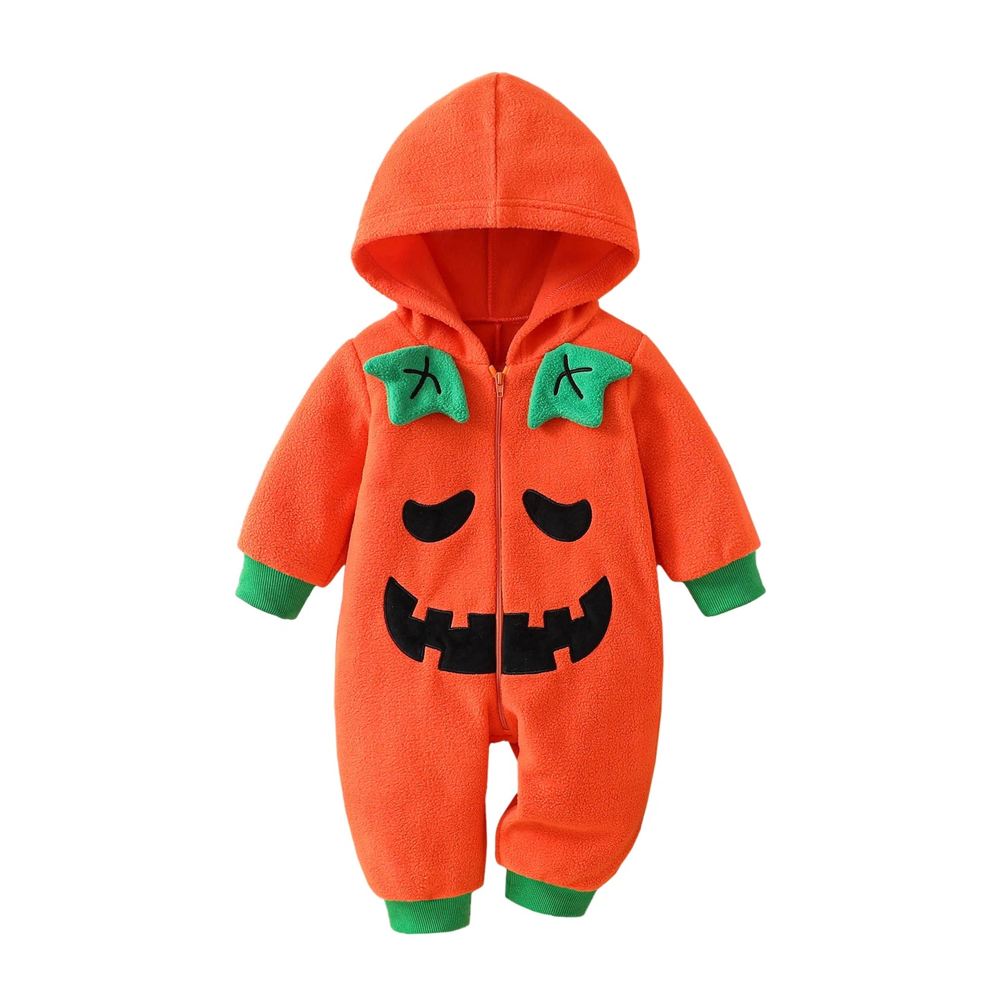 Infant Unisex Pumpkin Hooded Long Sleeve Romper With Contrast Trim Halloween Outfit For Baby Boy Or Girl