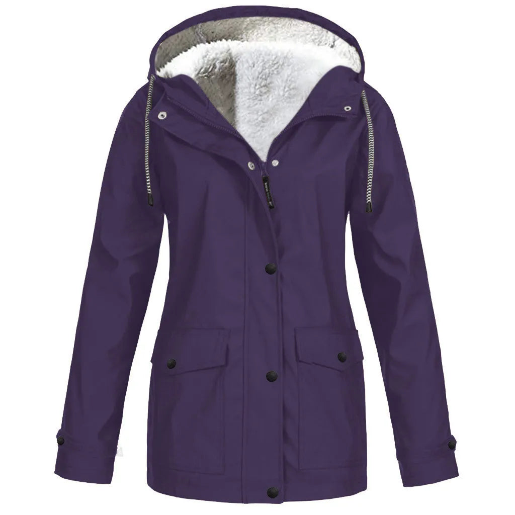 NONECN Women's Windproof Velvet Waterproof Hooded Jacket Outdoor Coat