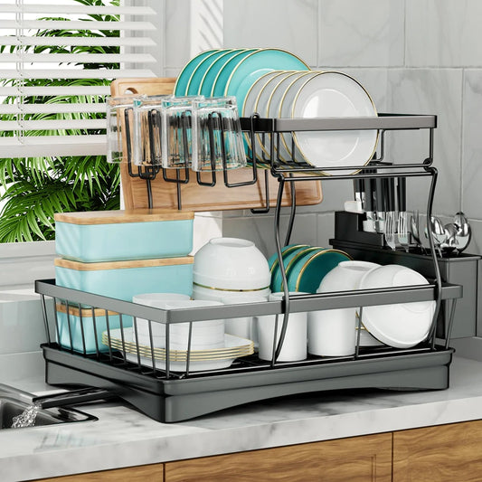 Removable 2-Tier Metal Dish Drying Rack for Kitchen Countertop